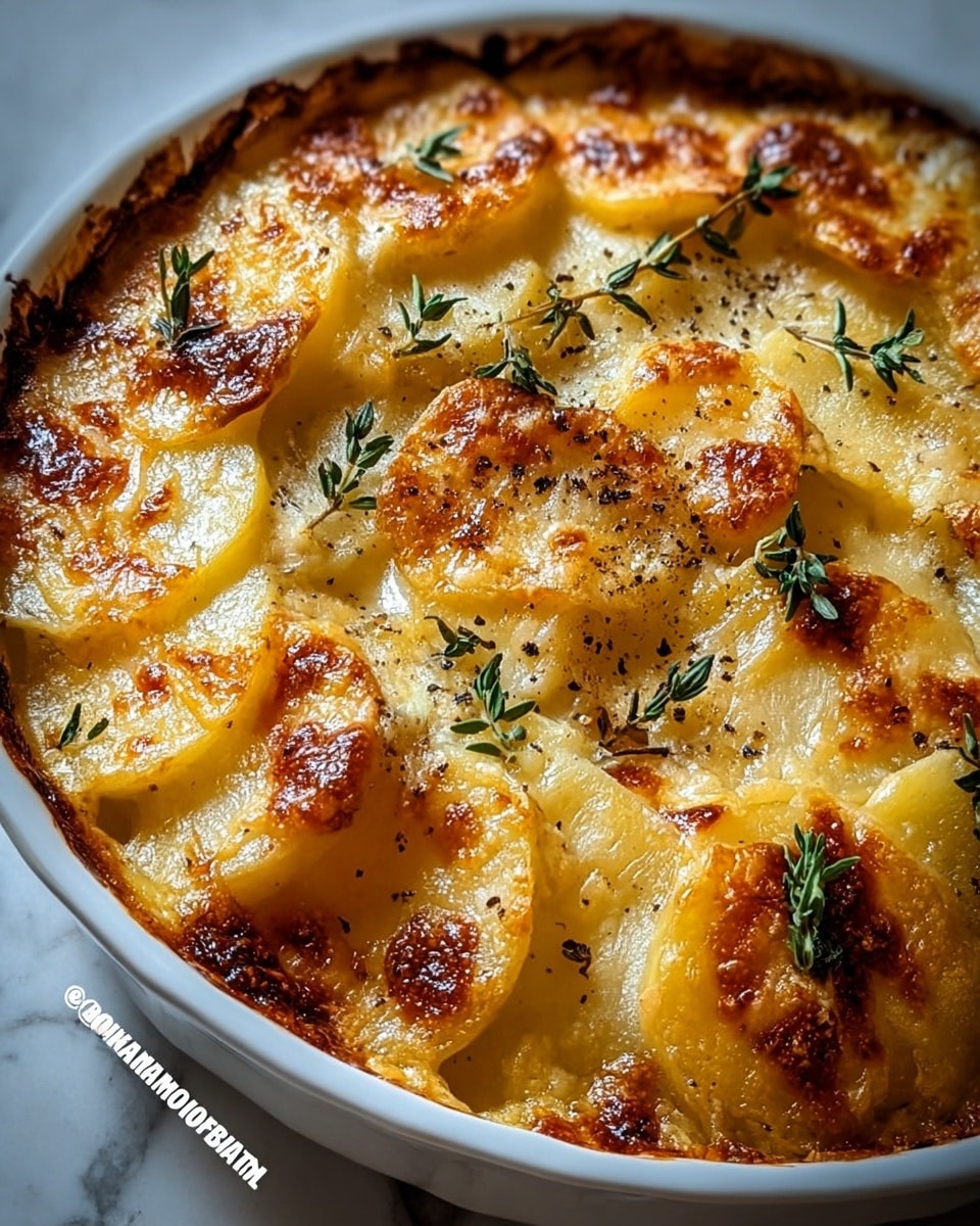 The image shows a close-up of a baking dish filled with layers of thinly sliced potatoes covered in a creamy, melted cheese topping that is golden brown and bubbling at the edges. The potato slices are arranged in overlapping layers, each visible through the cheese which has a slightly crispy texture on top. Fresh green thyme sprigs are scattered over the surface, adding a touch of color. The dish is in a round white baking dish, placed on a white marbled textured surface. Photo taken with an iphone --ar 4:5 --v 7