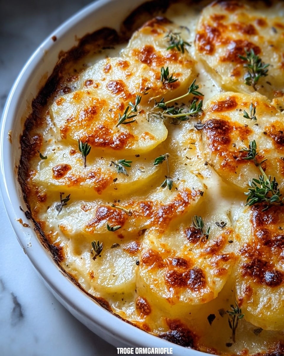 The image shows a close-up of a baked dish with a single visible layer of thick, scalloped potato slices arranged in a circular pattern. The potatoes are covered in melted golden-brown cheese, which has crispy edges and bubbly texture. Small fresh green thyme sprigs are scattered on top along with specks of black pepper, adding color contrast to the dish. The food is served in a round white ceramic dish, and the background is a white marbled surface. photo taken with an iphone --ar 4:5 --v 7