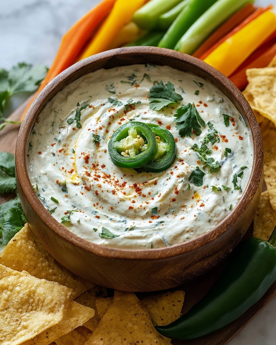 This image shows a thick mixture of creamy white dip with visible small green bits of herbs mixed in. It is served in a round wooden bowl, with a swirl pattern on the top layer that looks soft and smooth. The dip is garnished with fresh green jalapeño slices, bright green cilantro leaves, and a light dusting of red spice, all placed in the center. Around the bowl, there are light-colored triangular tortilla chips and sticks of green, orange, and yellow vegetables arranged casually. The background is a white marbled surface. photo taken with an iphone --ar 4:5 --v 7