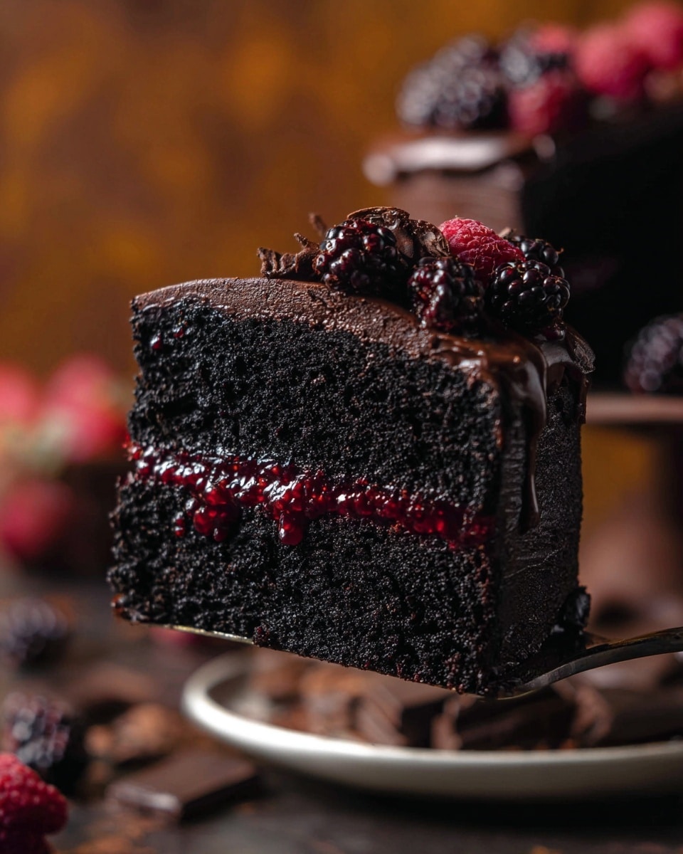 A close-up of a dark chocolate cake slice being lifted, showing two thick, rich black layers with a glossy dark chocolate frosting on top and around. Between the layers is a thin line of bright red berry filling, slightly dripping. The cake is on a white plate, surrounded by dark berries and small chocolate pieces. The background is blurred with warm colors, emphasizing the cake’s deep tones. Photo taken with an iphone --ar 4:5 --v 7