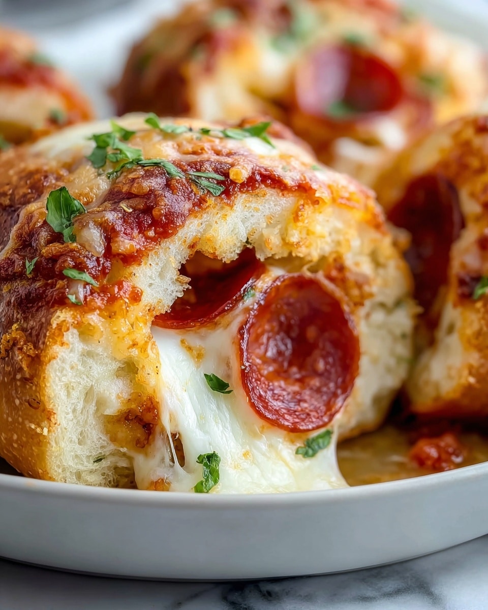 A close-up view of a stuffed bread roll showing three layers: the outer layer is golden brown with a crispy texture and melted cheese baked on top, the middle layer is soft bread with a light, airy texture, and the inner layer reveals a filling of melted white cheese stretching out and slices of dark reddish pepperoni, all garnished with small green parsley leaves. The food is served in a white bowl, placed on a white marbled surface. Photo taken with an iphone --ar 4:5 --v 7