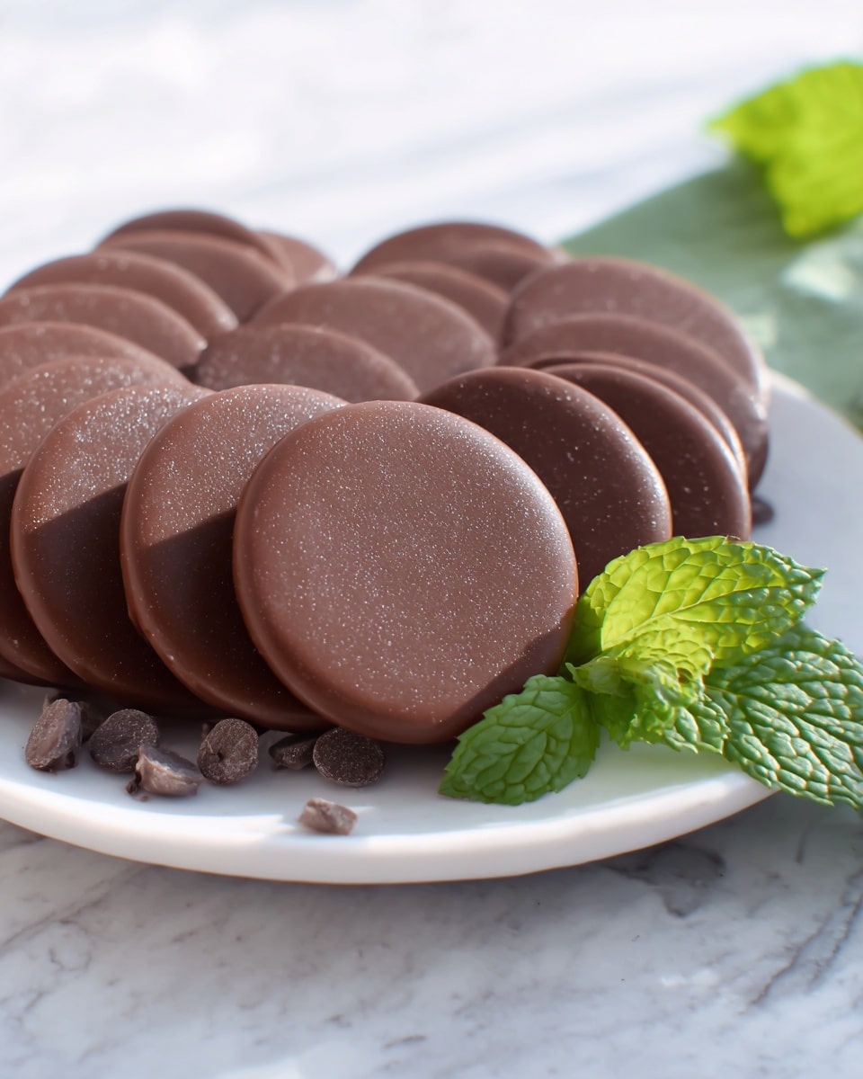 A white plate holds a neat row of smooth, round chocolate discs closely arranged in two layers, showing a shiny, slightly textured dark brown surface. Small chocolate chips are scattered at the base of the plate, and fresh, bright green mint leaves rest nearby, adding a pop of color. The scene is set on a white marbled texture with soft natural light highlighting the glossy chocolate finish, creating a fresh and inviting look. Photo taken with an iphone --ar 4:5 --v 7