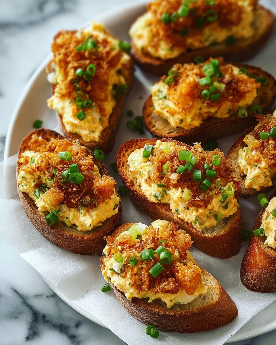 Small toasted slices of crusty brown bread form the base layer, topped with a creamy yellow spread that looks smooth and rich with a hint of green herbs mixed in. On top of the spread, there is a crispy golden-brown topping, likely fried onions or breadcrumbs, adding texture and color contrast. Finally, small pieces of fresh green onion are scattered over everything, giving a fresh pop of green color. The slices are arranged closely on a white plate with parchment paper underneath, placed on a white marbled surface. photo taken with an iphone --ar 4:5 --v 7