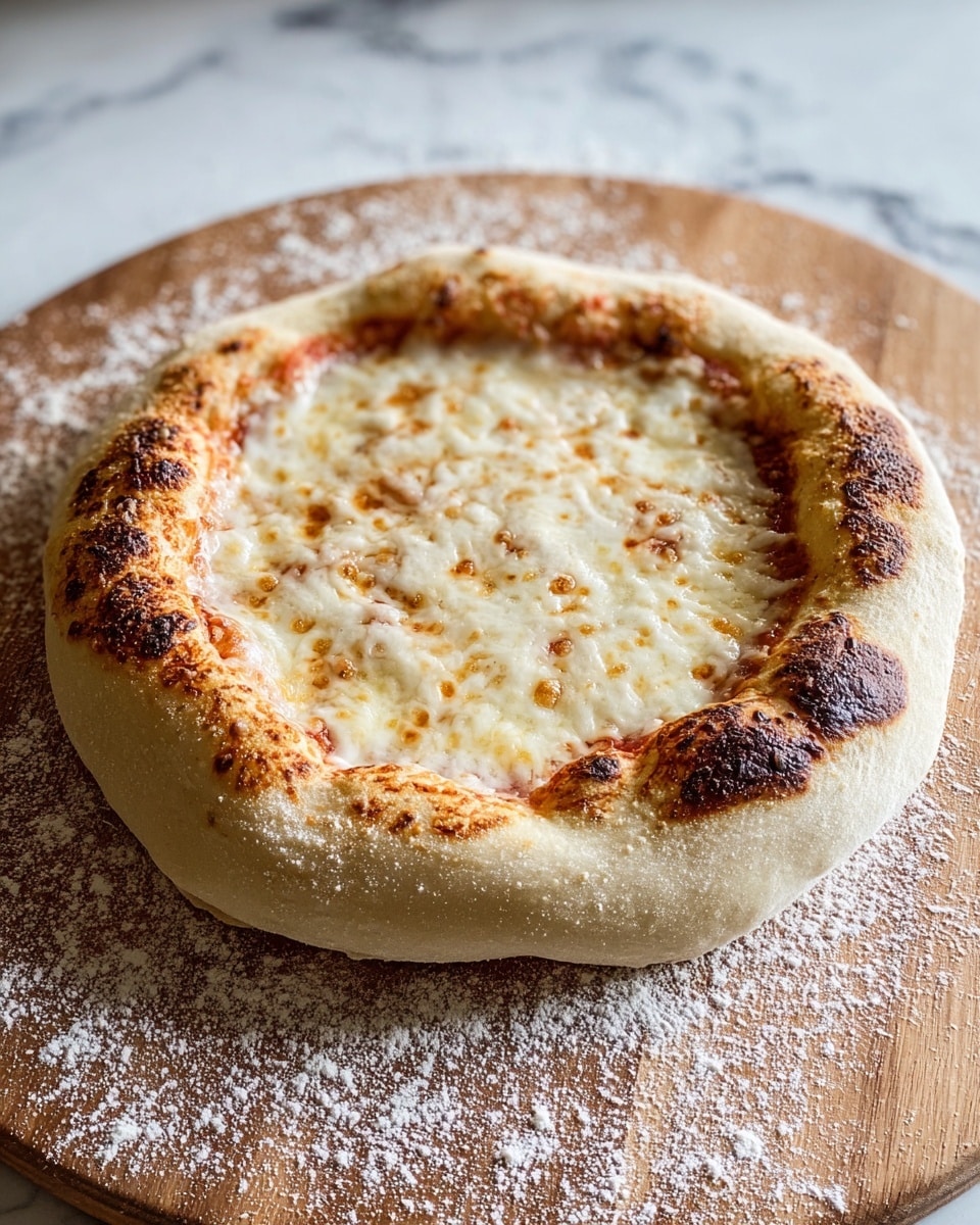 A small round cheese pizza sits on a wooden board dusted with flour, showing a thick, puffy crust that is golden brown with some dark, toasted spots. The crust forms a raised ring around the pizza, which is topped with melted, creamy white cheese covering a thin layer of red tomato sauce just visible at the edges. The surface under the board is a white marbled texture. Photo taken with an iphone --ar 4:5 --v 7