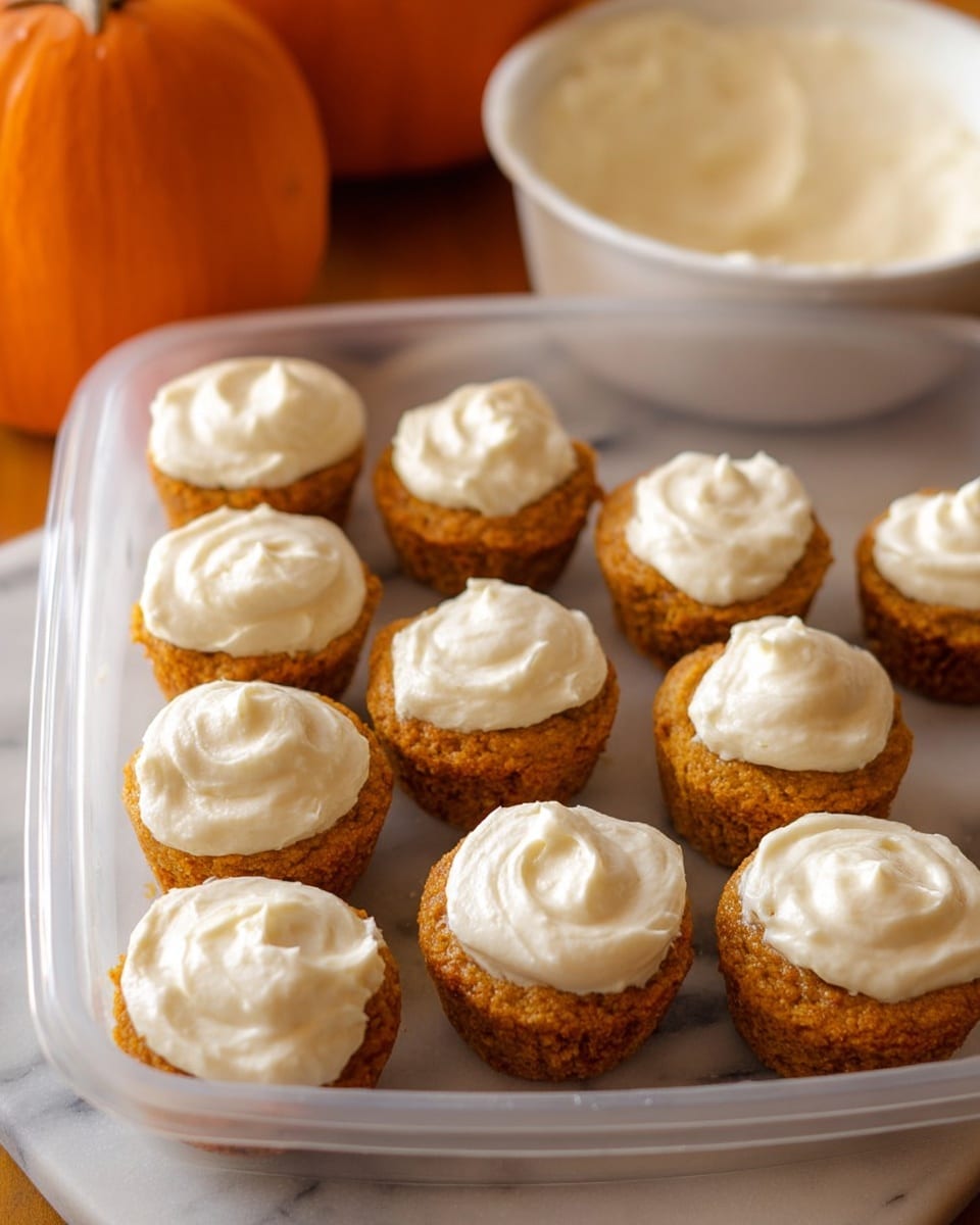 The image shows twelve small pumpkin cupcakes arranged neatly in a clear plastic container. Each cupcake has a golden-orange base with a rough, moist texture and is topped with a thick, creamy layer of white frosting that looks soft and swirled smoothly across the surface. The cupcakes are closely packed in two rows with six in the front and six in the back. In the background, there is a pumpkin and a white bowl filled with extra frosting, placed on a white marbled surface. The warm lighting highlights the rich colors of the cupcakes and frosting, creating a cozy, autumn feel. photo taken with an iphone --ar 4:5 --v 7