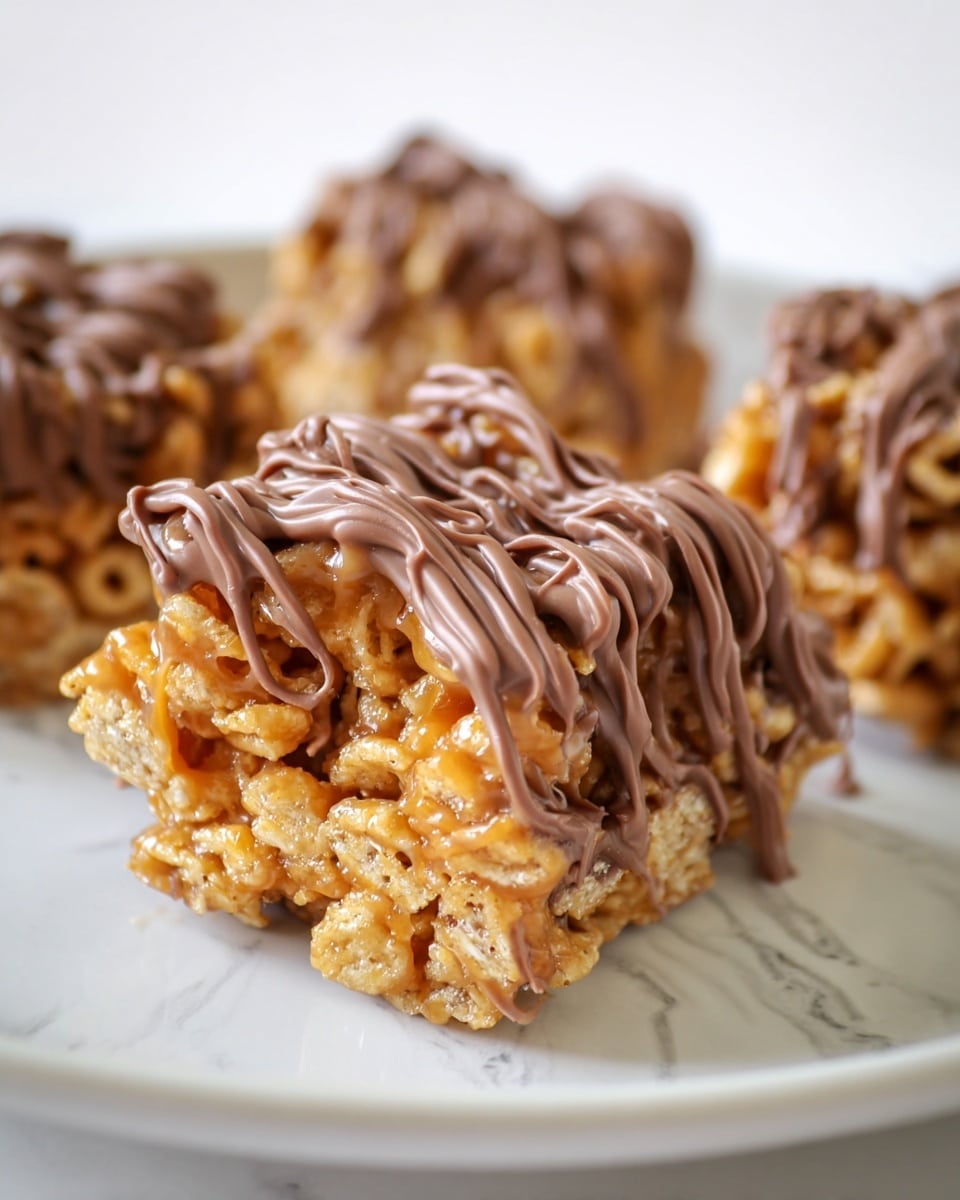 The image shows a close-up of a chewy snack bar on a white plate with a white marbled background. The bar has two layers: the base is golden brown with visible round cereal pieces and oats, and the top is coated with a thick caramel-like mixture that holds the ingredients together. Drizzled over the top is a smooth and glossy layer of milk chocolate in thin zigzag lines. The edges are chunky and uneven, showing the mix of cereal and oats. In the foreground and background, blurred similar bars are partially visible, giving depth to the image. photo taken with an iphone --ar 4:5 --v 7