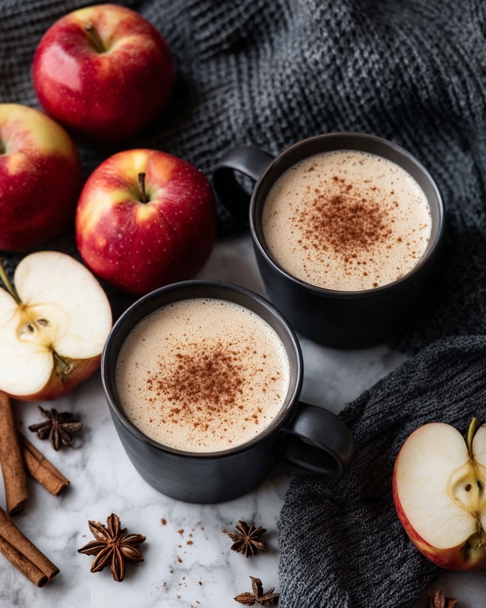 Two black mugs are filled with a light brown frothy drink, each topped with a sprinkle of cinnamon in the center. The mugs sit on a white marbled surface, surrounded by whole red apples and one apple cut in half showing white inside and seeds. Star anise and cinnamon sticks are scattered around, and a cozy dark gray knit cloth is partially visible on one side. Photo taken with an iphone --ar 4:5 --v 7