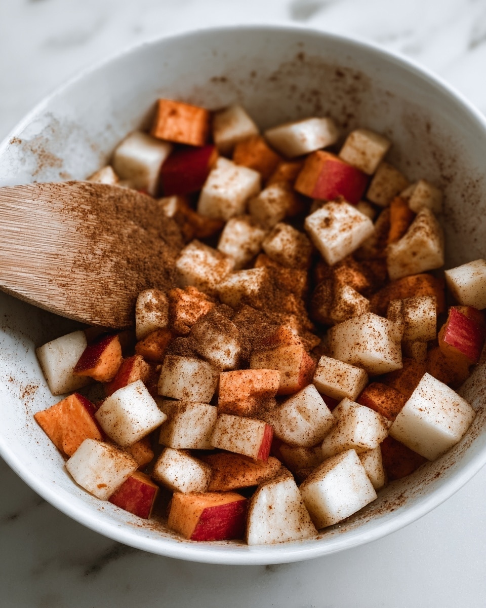 A white bowl filled with small cube pieces of fruit and vegetables. The cubes show colors of white, red, and light orange, all covered with a light dusting of brown spice powder. A large wooden spoon is partially visible in the bowl, mixing the cubes. The texture of the cubes looks firm and fresh, and the inside of the bowl has some spices stuck on it. The whole scene is set on a white marbled texture. photo taken with an iphone --ar 4:5 --v 7