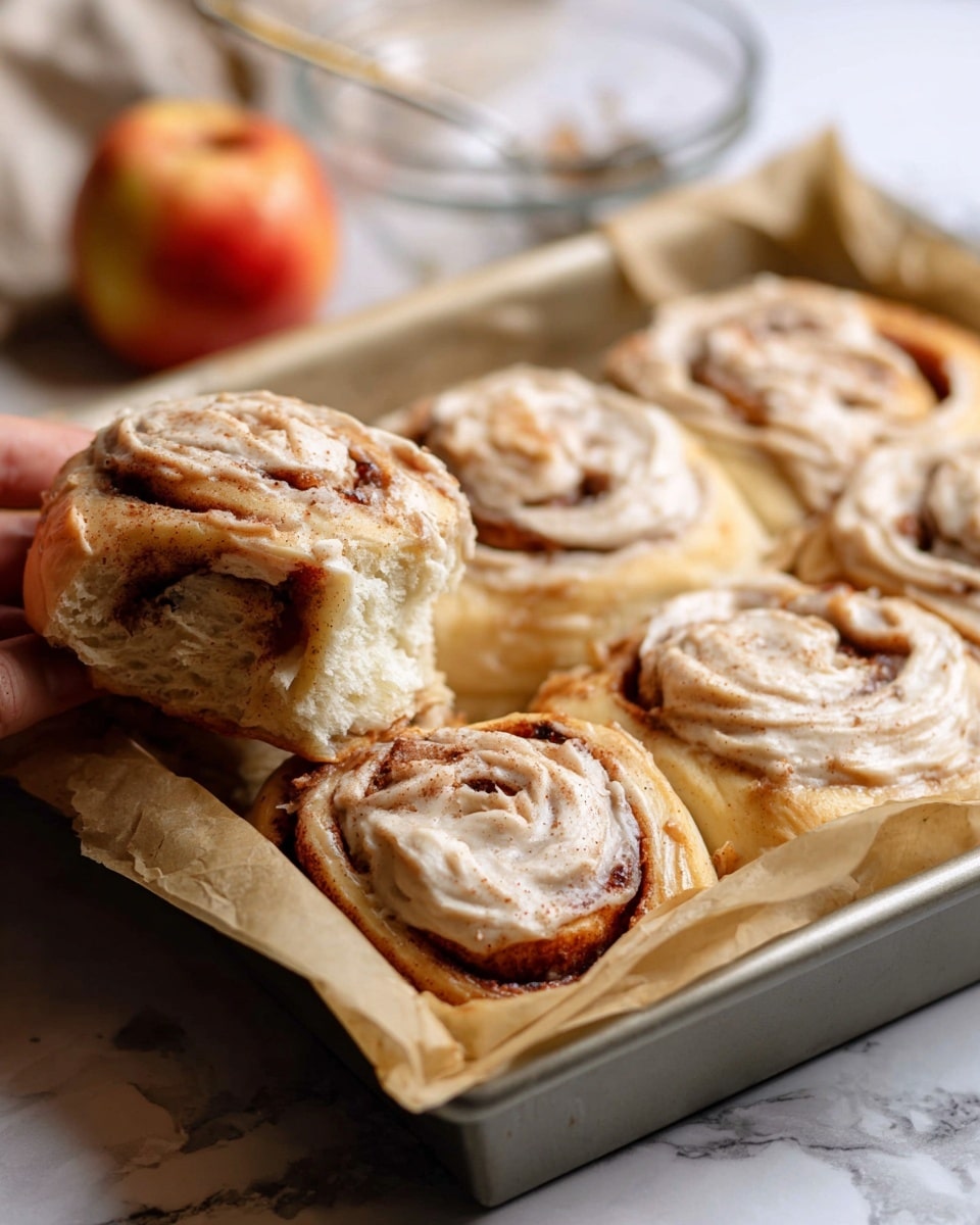 A close-up view of five soft cinnamon rolls placed together in a rectangular metal baking tray lined with parchment paper. Each cinnamon roll has a thick swirl pattern with a golden brown cinnamon layer inside and is covered in creamy light brown frosting that looks fluffy and smooth. The rolls are thick and look moist, revealing a soft and airy dough texture. One cinnamon roll is held slightly above the tray by a woman's hand, showing the inside with the cinnamon swirl and bits of cinnamon sugar. In the blurry background, there is a glass bowl with a spoon and an apple resting on a white marbled surface. photo taken with an iphone --ar 4:5 --v 7