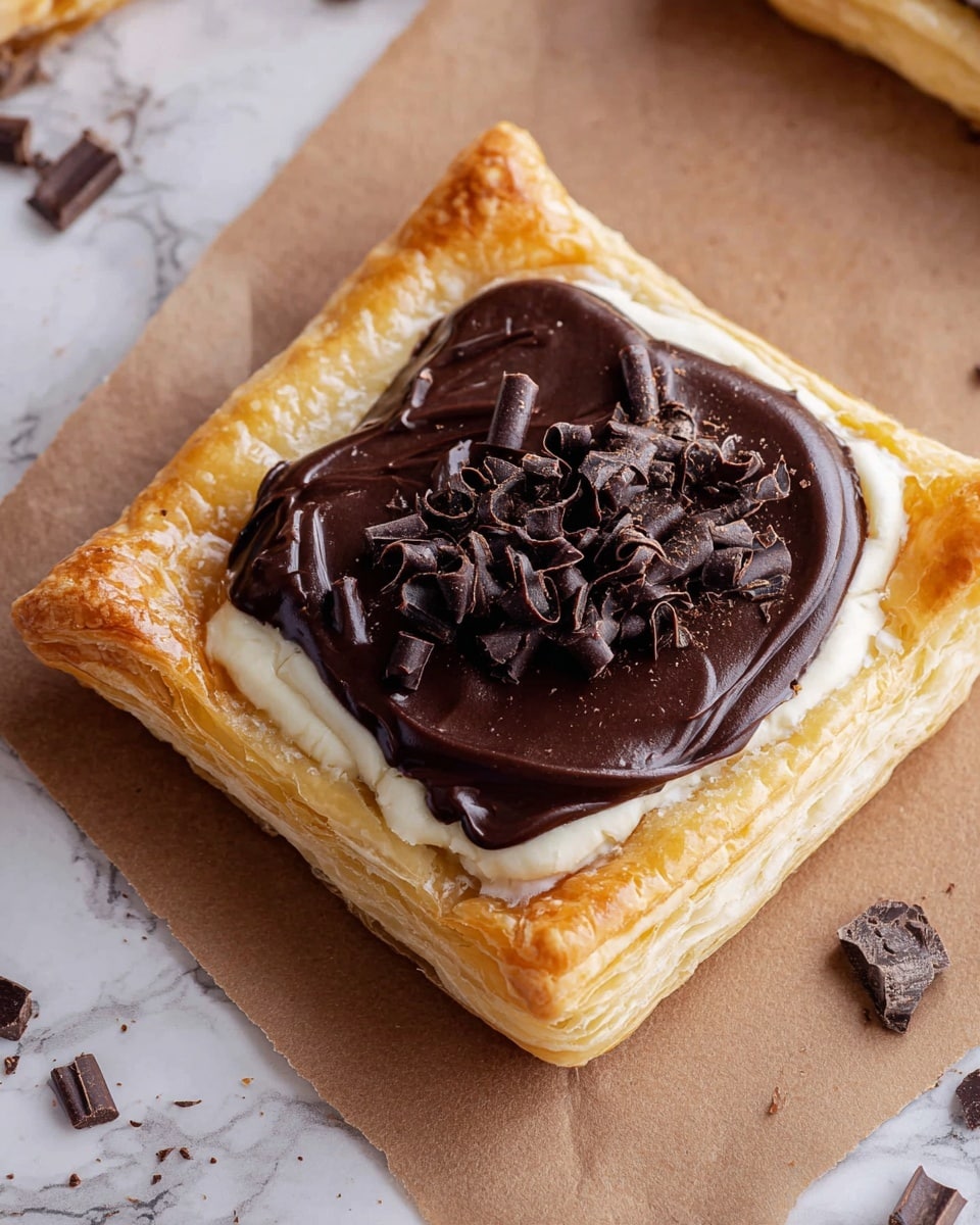 A square puff pastry tart has three distinct layers: a golden, flaky crust as the base, a smooth white cream layer just inside the edges, and a thick, glossy dark chocolate spread covering most of the center. On top of the chocolate are small, curled dark chocolate shavings clustered on one side. The tart is placed on brown parchment paper resting on a white marbled surface, with a few chocolate shavings scattered around. photo taken with an iphone --ar 4:5 --v 7