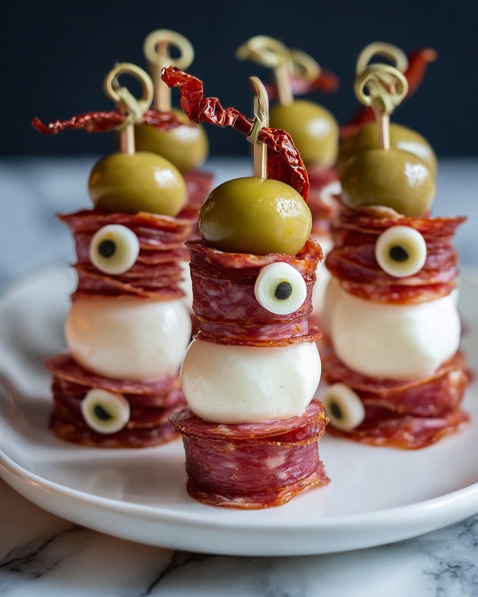 The image shows a white plate holding several appetizer skewers arranged upright. Each skewer has three main layers: at the bottom, a smooth, white mozzarella ball wrapped partially by a folded slice of dark red, marbled salami. Above the mozzarella and salami, a green olive sits pierced by the skewer. The top layer is made of the same salami slice wrapped around a whole white mozzarella ball with a green olive slice placed on the mozzarella to look like an eye, held together by a wooden pick with a looped top and a small piece of dried red pepper tied just below the loop. The plate rests on a white marbled surface with a dark, out-of-focus background. photo taken with an iphone --ar 4:5 --v 7