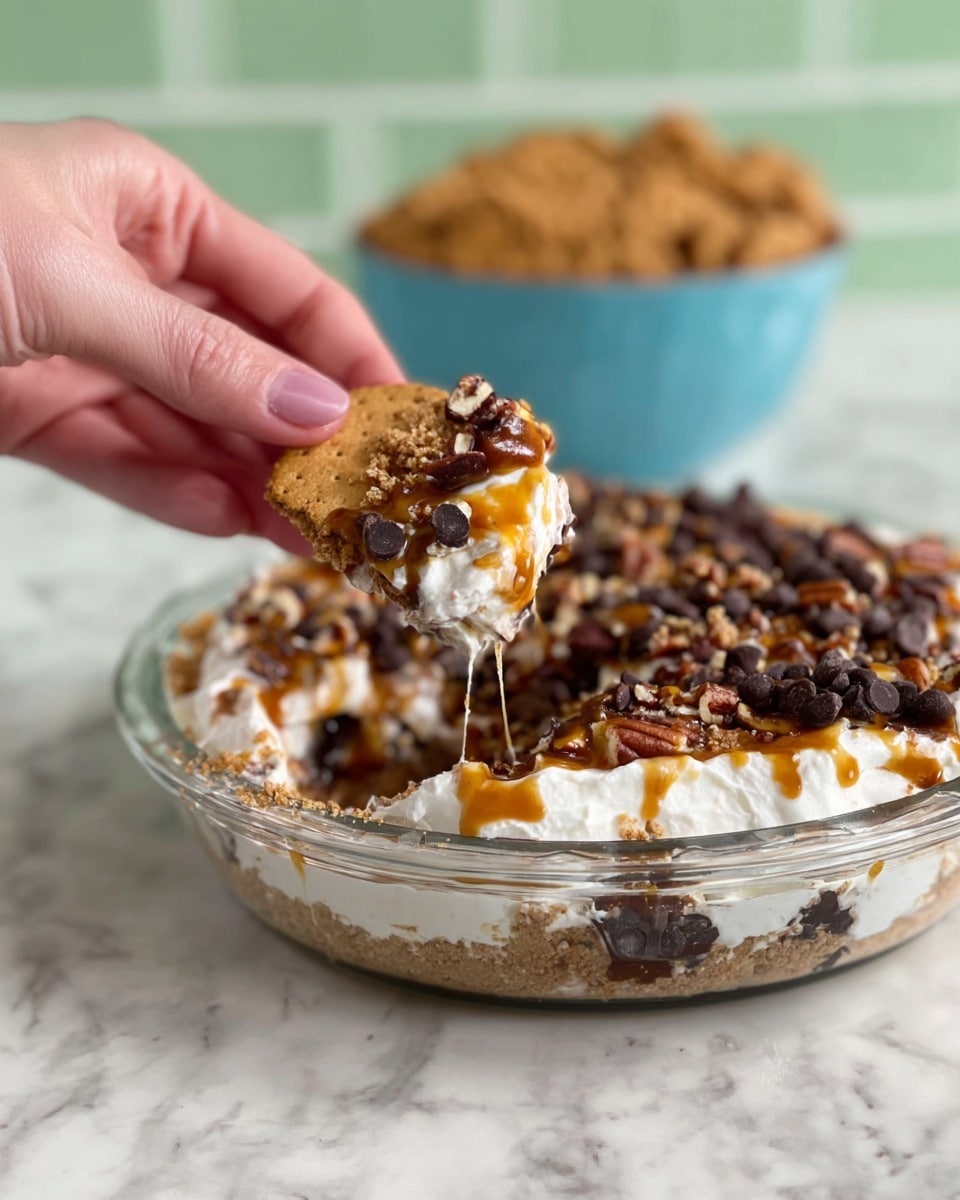 A close-up shows a woman's hand holding a piece of light brown graham cracker topped with a layer of white cream, drizzles of amber caramel sauce, small dark brown chocolate chips, and chopped pecans. Below, there is a clear round glass dish filled with multiple layers of white cream, caramel sauce, chocolate chips, and pecans, creating a textured mix of colors—white, amber, dark brown, and tan—all sitting on a white marbled surface. In the background, a light blue bowl filled with more graham crackers sits slightly out of focus against a pale green brick wall. Photo taken with an iphone --ar 4:5 --v 7