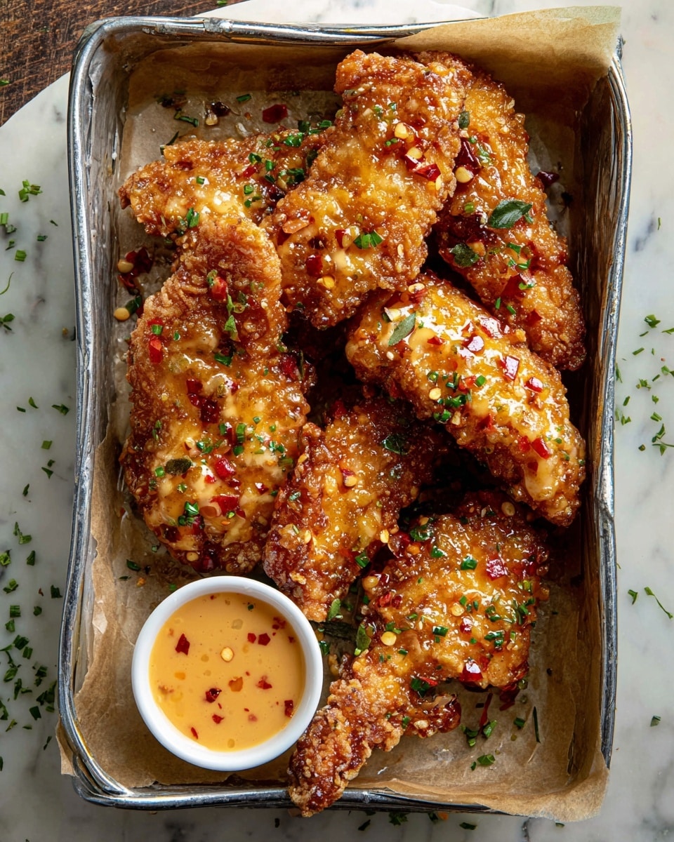 A metal tray lined with parchment paper holds six pieces of crispy fried chicken tenders, each coated with a glistening, light golden-brown spicy sauce that has red chili flakes visible. The sauce makes the chicken look sticky and shiny, with fresh green herb bits sprinkled on top as garnish. In the bottom left corner of the tray, there is a small round white bowl filled with a light orange dipping sauce with red chili specks. The tray is placed on a white marbled surface with some green herb pieces scattered around. photo taken with an iphone --ar 4:5 --v 7