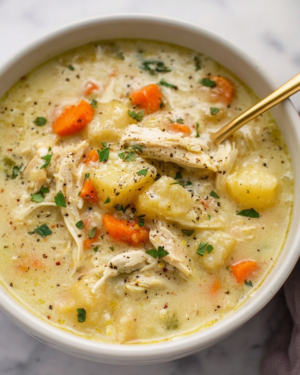 A close-up view of a white bowl filled with thick chicken soup that has a creamy light yellow base. The soup shows chunks of shredded pale chicken, small orange carrot pieces, and soft yellow potato bits, all mixed into the broth. Sprinkled black pepper and finely chopped green herbs are scattered on top, adding color contrast. A gold spoon is partially immersed in the soup, resting inside the bowl. The bowl sits on a white marbled surface. photo taken with an iphone --ar 4:5 --v 7