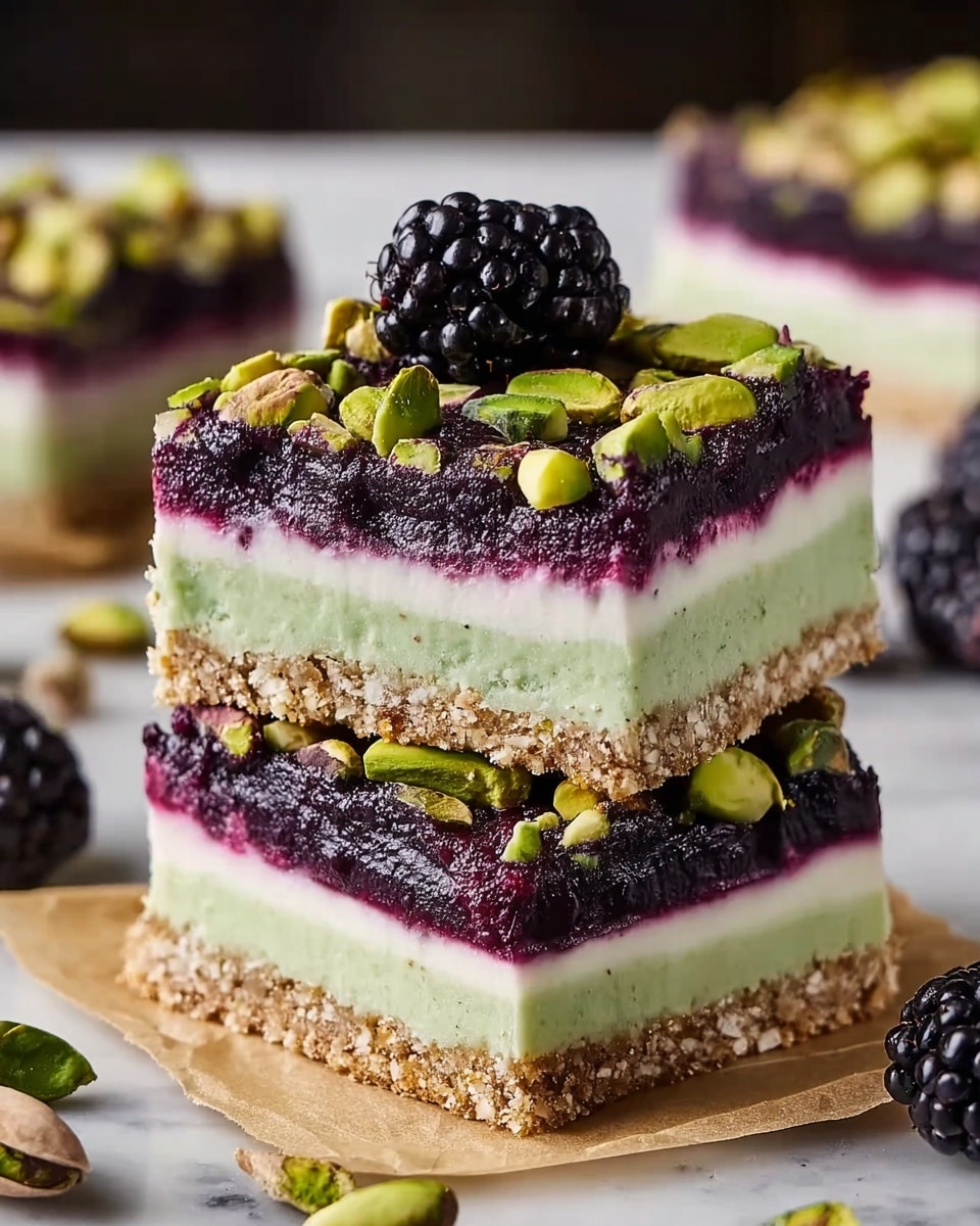 Two stacked square berry dessert bars sit on parchment paper over a white marbled surface. Each bar has five layers: the bottom layer is a crumbly light brown crust, followed by a smooth, pale green layer, then a creamy white layer, another pale green layer, and a thick, dark purple berry layer on top. The berry layer is rich and textured with whole and crushed blackberries. The top is decorated with green pistachio nuts scattered across, with a single blackberry centered on the top bar. More blackberries and pistachios are scattered around on the white marbled surface in soft focus. Photo taken with an iphone --ar 4:5 --v 7