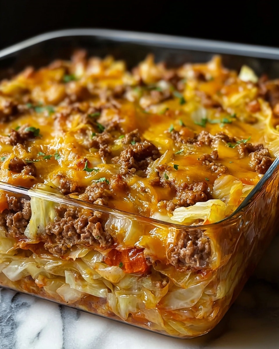 A close-up of a glass baking dish filled with a layered casserole. The dish has three main layers: the base consists of cooked, light-colored cabbage pieces, the middle layer contains brown ground meat mixed with small chunks of reddish-orange vegetables, and the top layer is melted, golden-yellow cheese with scattered bits of cooked cabbage and some small green herb pieces. The melted cheese has a shiny, slightly oily texture, covering the meat and cabbage evenly. The dish is set on a white marbled surface with a dark background, highlighting the warm, hearty colors of the casserole. photo taken with an iphone --ar 4:5 --v 7