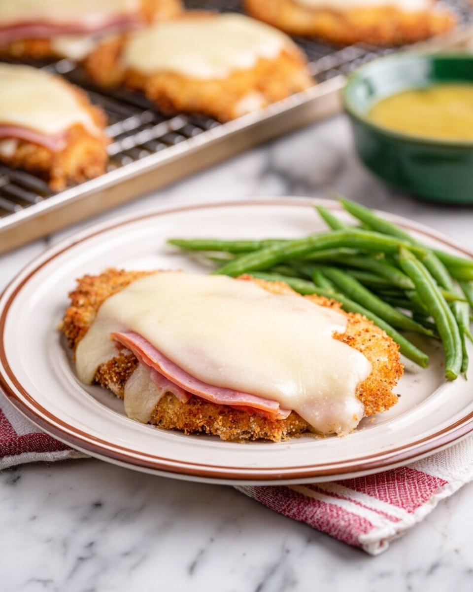 On a white plate with a brown rim, there are crispy, golden-brown breaded chicken cutlets as the base layer, topped with a thin pink layer of ham, and covered by a thick layer of melted white cheese that looks smooth and creamy, slightly dripping on the edges. To the side, there is a small pile of bright green steamed green beans, adding a fresh and healthy touch. The plate is placed on a white marbled surface. In the background, more cheesy chicken cutlets rest on a wire rack over a baking tray, and a green bowl with yellow sauce is barely visible. Photo taken with an iphone --ar 4:5 --v 7