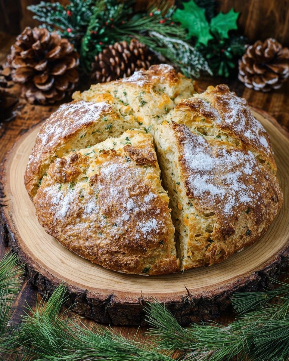 A round loaf of rustic bread with a rough, textured crust dusted lightly with white flour, showing golden-brown and slightly cracked sections. The bread is segmented into six large pieces, revealing a dense, moist interior speckled with green herbs and small chunks of orange cheese. It sits on a natural wood slice that highlights the bread’s earth tones. Surrounding the bread are green pine needles and brown pinecones on a wooden surface. The background adds a cozy, natural feel. photo taken with an iphone --ar 4:5 --v 7