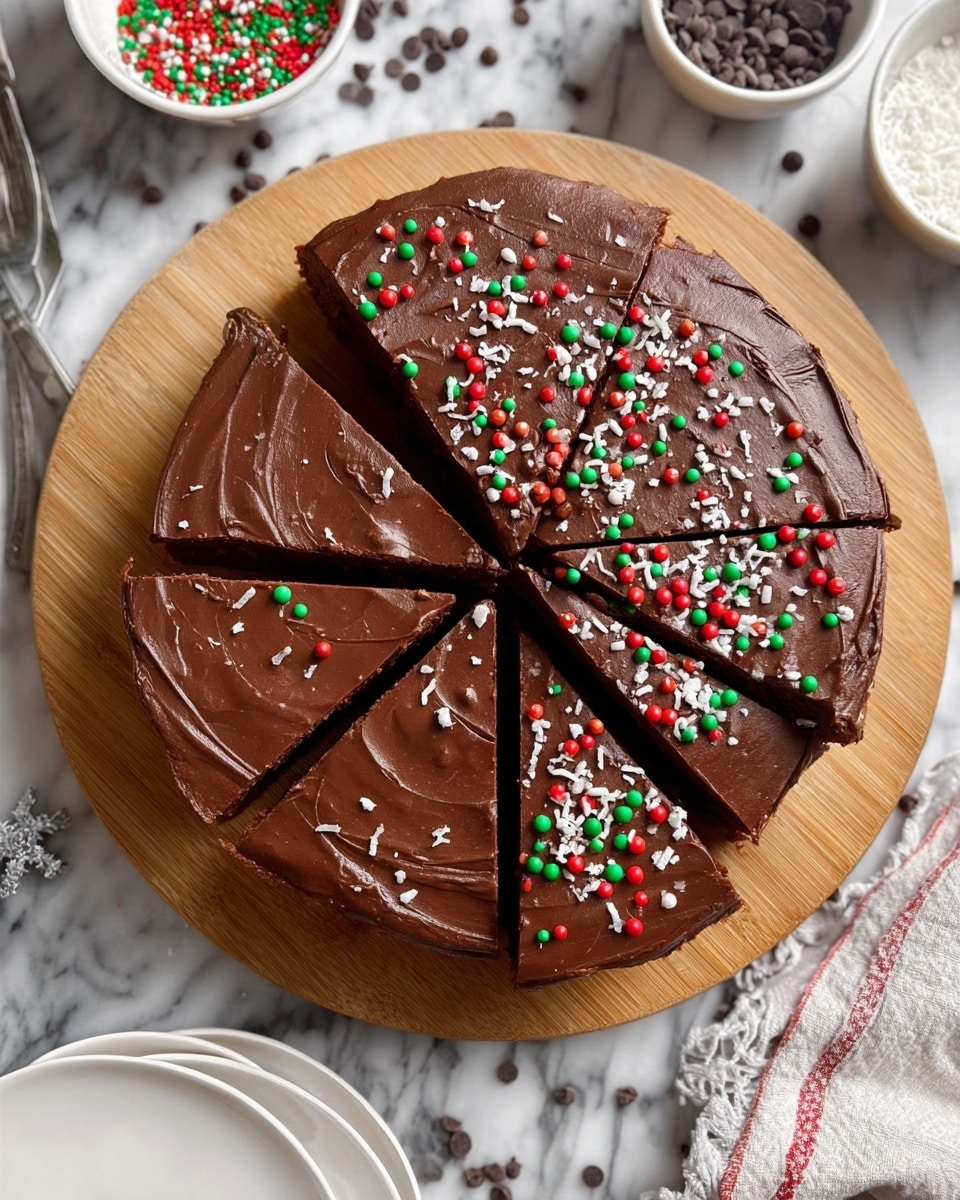 A chocolate cake cut into seven slices sits on a wooden board over a white marbled surface. The cake has a smooth, glossy, dark brown chocolate layer on top, decorated with small red, green, and white round sprinkles, as well as small white shredded pieces and dark chocolate chips scattered mostly on the edges of the slices. The texture on top looks creamy and slightly swirled. Around the board, more sprinkles and chocolate chips are scattered. White plates and a bowl of more round sprinkles are partly visible nearby. photo taken with an iphone --ar 4:5 --v 7