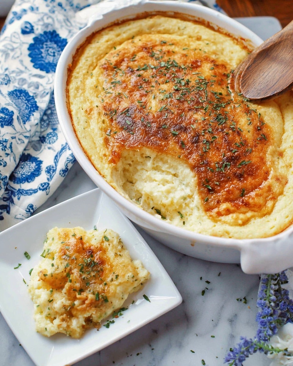 A white oval baking dish filled with a creamy, baked casserole that has a browned top layer sprinkled with green herbs. The casserole shows a thick, smooth creamy texture underneath the golden brown crust. A wooden spoon is digging into the casserole, revealing the soft, pale yellow inside. Next to the dish is a small white square plate with a serving of the casserole, showing a crispy, browned top layer and creamy inside, also garnished with green herbs. All is placed on a white marbled surface with a blue floral cloth nearby. Photo taken with an iphone --ar 4:5 --v 7