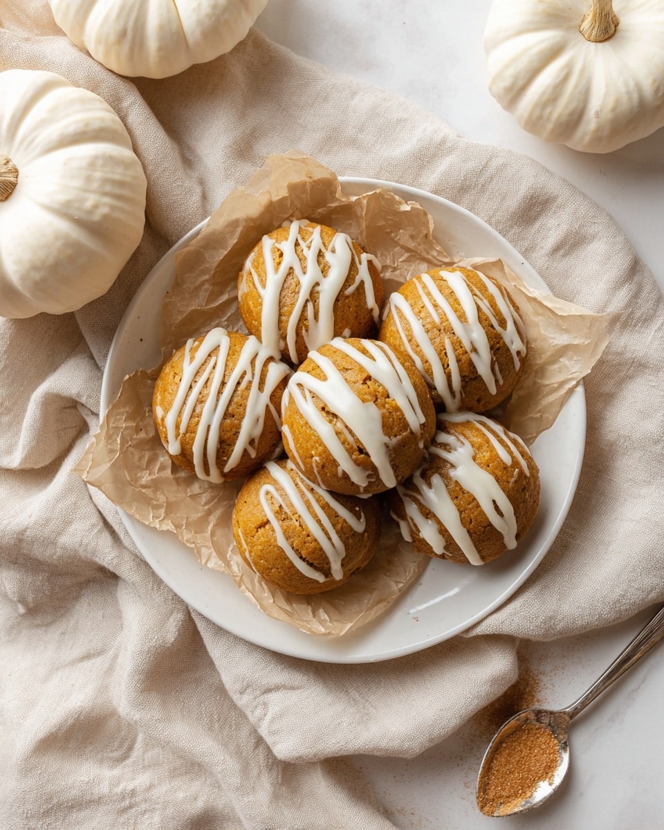 A white plate lined with crumpled light brown parchment paper holds six round, golden-brown mini cakes. Each cake has a smooth, slightly shiny surface and is drizzled with irregular white icing lines on top. The plate is placed on a soft, beige cloth on a white marbled surface. Around the plate are small white pumpkins and a spoon with brown sugar or spice on the right side. The overall look is warm and cozy with natural light. photo taken with an iphone --ar 4:5 --v 7