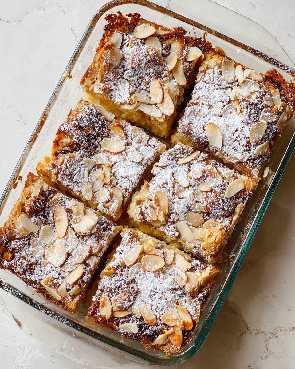 A glass dish holds six square pieces of baked dessert, each topped with a layer of toasted almond slices scattered unevenly, covering a browned, slightly crispy surface with some golden spots. Powdered sugar is lightly dusted over the almonds and the surrounding edges of the dessert, creating a soft white contrast against the toasted brown shades. The inside of the pieces appears soft and moist with a pale yellow color, visible through one cut square. The dish rests on a white marbled textured surface with some powdered sugar scattered around it. photo taken with an iphone --ar 4:5 --v 7