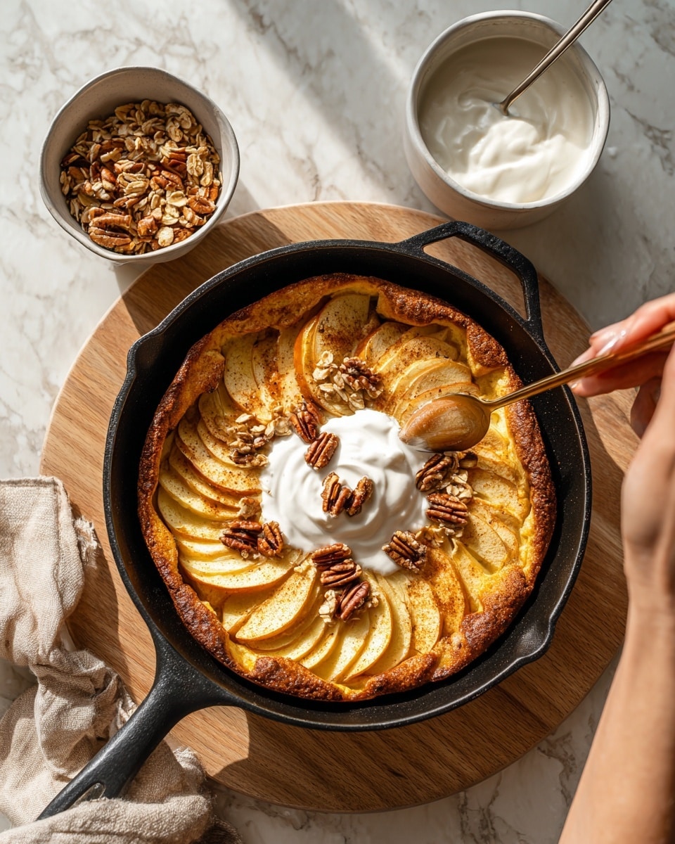 A black cast iron skillet holds a golden brown baked dish with a slightly puffed edge, topped with sliced cooked apples arranged in a circular pattern. On top of the apples, there is a dollop of creamy white yogurt and sprinkled clusters of light brown granola with pecans. Nearby on a white marbled surface, a white bowl contains a mix of granola and milk, and a white bowl holds more creamy white yogurt, with a woman's hand stirring it with a spoon. The scene is set on a light wooden round board under soft natural light. Photo taken with an iphone --ar 4:5 --v 7