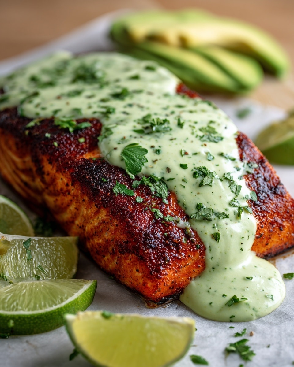 A large piece of grilled salmon with a dark, crispy reddish-brown crust is topped with a thick, light green creamy sauce sprinkled with chopped fresh parsley, resting on a white marbled surface lined with white parchment paper; next to the salmon are multiple lime wedges showing a bright green and juicy interior, and slices of pale green avocado in the background. photo taken with an iphone --ar 4:5 --v 7