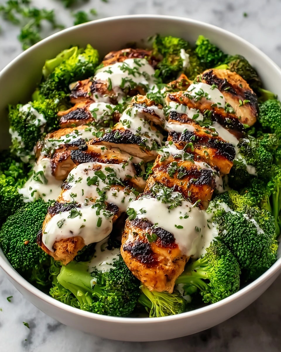 A round white bowl filled with a bed of vibrant green broccoli florets at the bottom, topped with four grilled chicken breasts arranged in a slight row, each with charred grill marks creating dark brown and black textured stripes on the tender, golden cooked meat. The chicken pieces are drizzled with a creamy white sauce that pools slightly on the broccoli, and the whole dish is sprinkled with finely chopped fresh green herbs. The bowl is placed on a white marbled surface with a soft shadow around it, creating a fresh and appetizing look. Photo taken with an iphone --ar 4:5 --v 7