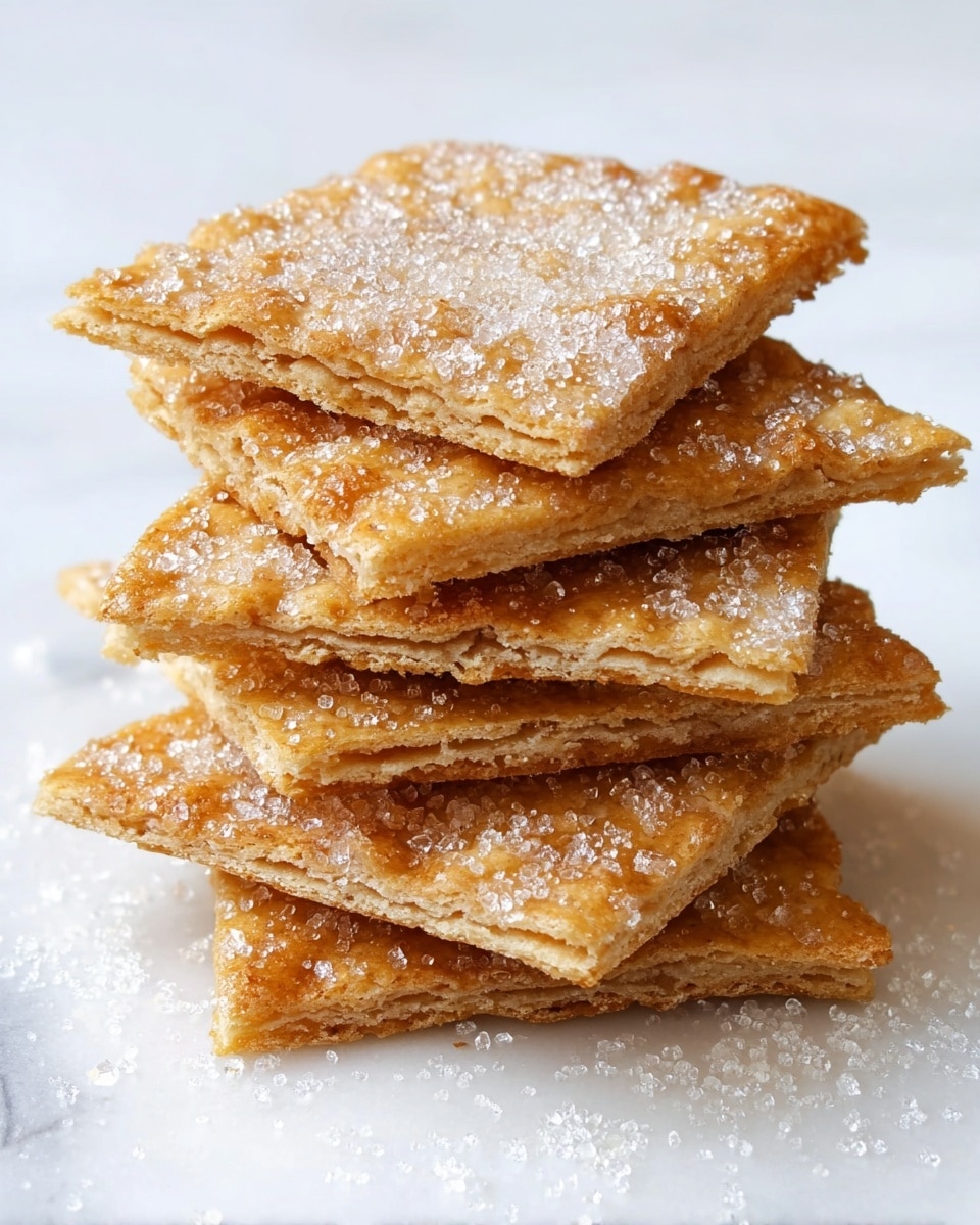 A stack of five square-shaped sugar crackers is shown, each cracker layered on top of the other in a slightly uneven pile. The crackers have a golden brown color with a sprinkled layer of large, glistening sugar crystals covering the surface, giving them a sparkling texture. The edges of the crackers are slightly rough and crispy, and you can see the flaky, light-baked layers inside some of the crackers, adding depth to the stack. The stack sits on a white marbled surface, with extra sugar crystals scattered around the base. photo taken with an iphone --ar 4:5 --v 7