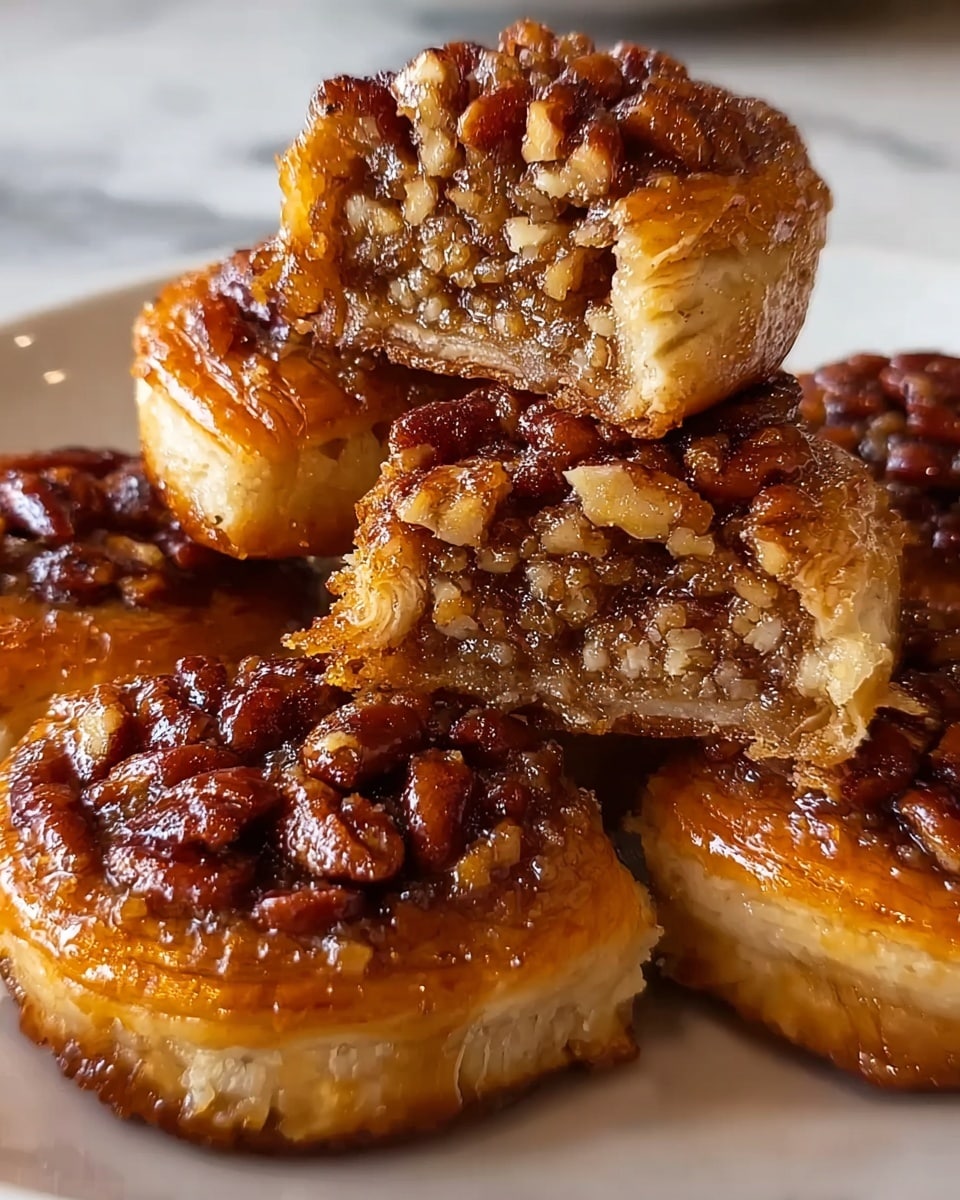 A close-up view of several small pastries on a white plate set on a white marbled surface, each pastry cut to show a thick, flaky golden-brown crust with a shiny, caramelized sugary topping. Inside, the pastries have a dense filling made up of chopped pecans and finely crushed nuts mixed with a sticky, rich syrup that glistens under the light. The pastries are stacked neatly with one piece slightly raised on top, showcasing the texture and layers clearly. Photo taken with an iphone --ar 4:5 --v 7