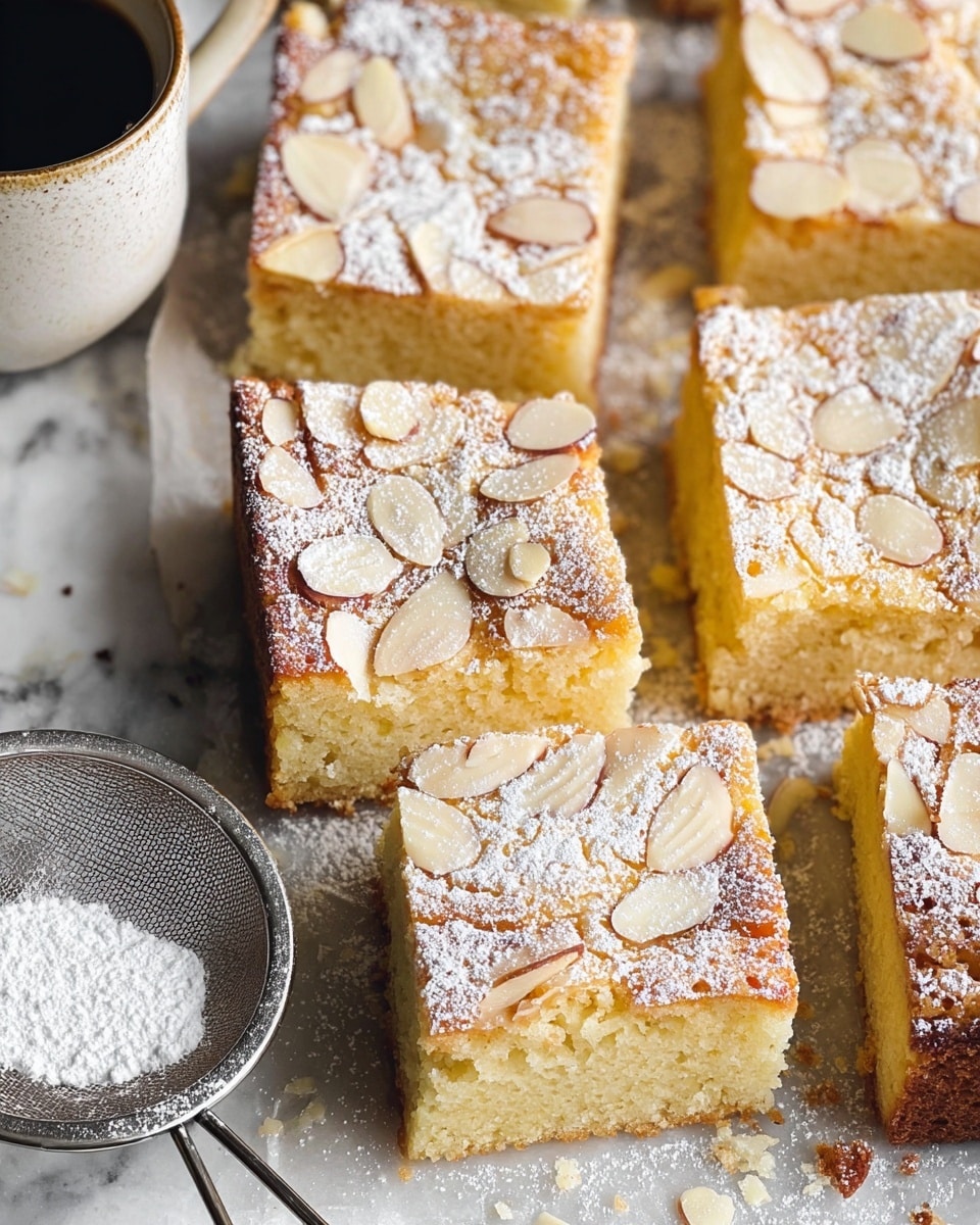 The image shows several square slices of almond cake with a golden brown top layer covered with thin almond slices and a light dusting of powdered sugar. Each slice is thick, revealing a soft, dense, pale yellow inside. The almond slices on top are slightly toasted, adding texture, and the powdered sugar looks fresh and powdery, sprinkled evenly. The slices are arranged casually on a white marbled surface with a metal sieve containing some powdered sugar next to them, and the edge of a white cup with dark coffee is seen in the upper left corner. photo taken with an iphone --ar 4:5 --v 7
