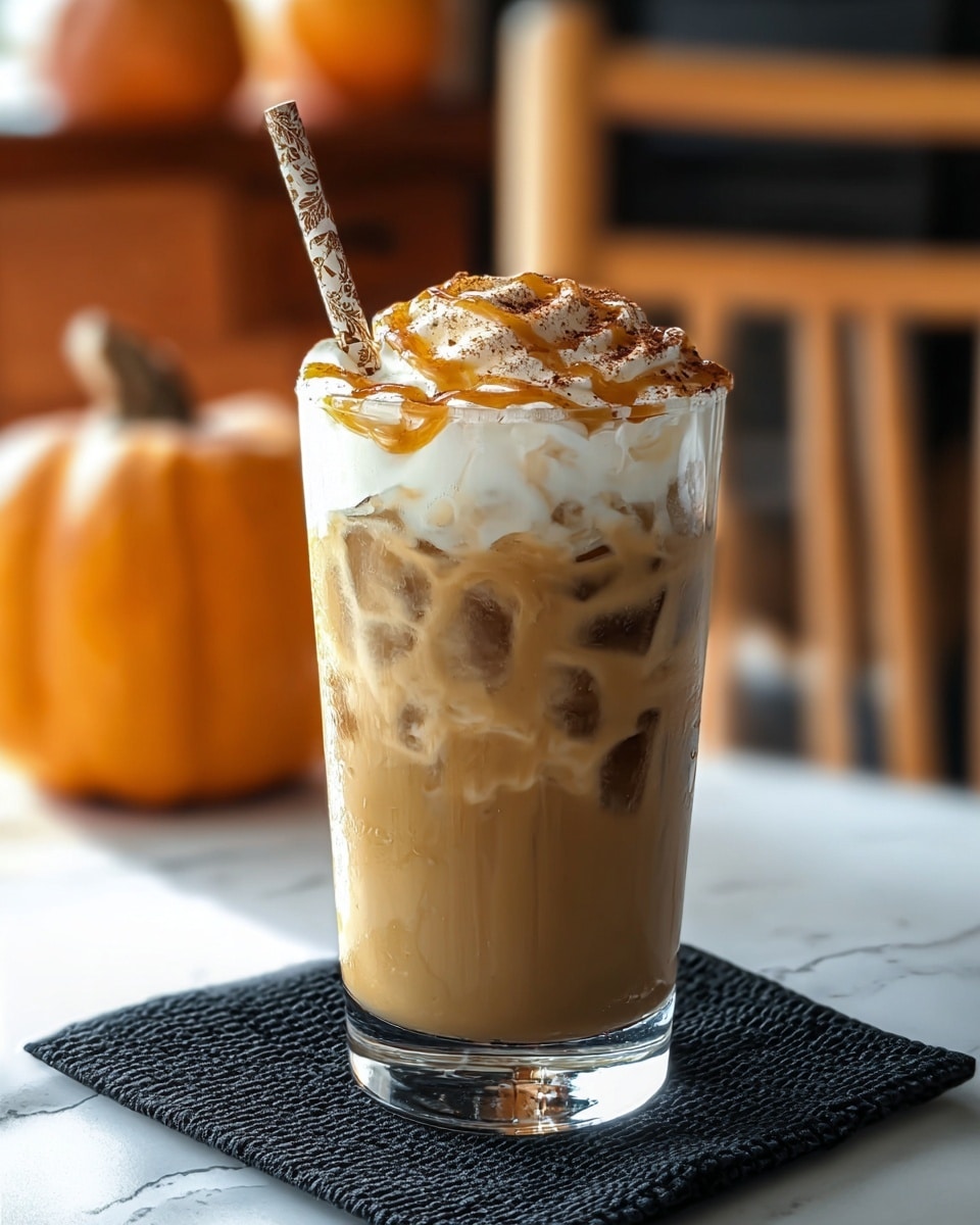 A clear glass filled with a three-layer iced latte sits on a black textured napkin on a white marbled surface. The bottom layer is light brown coffee with a smooth texture. Above it, a middle layer of white foam mixed with melting ice cubes creates a marbled look. The top layer is thick white cream sprinkled with cinnamon powder and drizzled with caramel syrup swirls. A patterned straw sticks out from the cream. In the blurred background, there is an orange pumpkin and wooden chair shapes. photo taken with an iphone --ar 4:5 --v 7