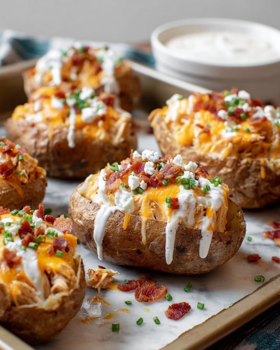 This image shows five baked potato skins filled with layers, set on a tray atop a white marbled surface. Each potato skin has a rough brown outer crust, filled with a mix of shredded chicken and melted orange cheddar cheese on top. Some skins have crispy bits of reddish bacon scattered over the cheese. One potato skin in the front center is topped with white creamy sauce drizzling down the sides, along with small white crumb-like cheese pieces and finely chopped green chives as garnish. There are small drops of the white sauce and bits of bacon scattered on the tray around the potatoes. In the blurred background, a white bowl with creamy white sauce is partially visible. photo taken with an iphone --ar 4:5 --v 7