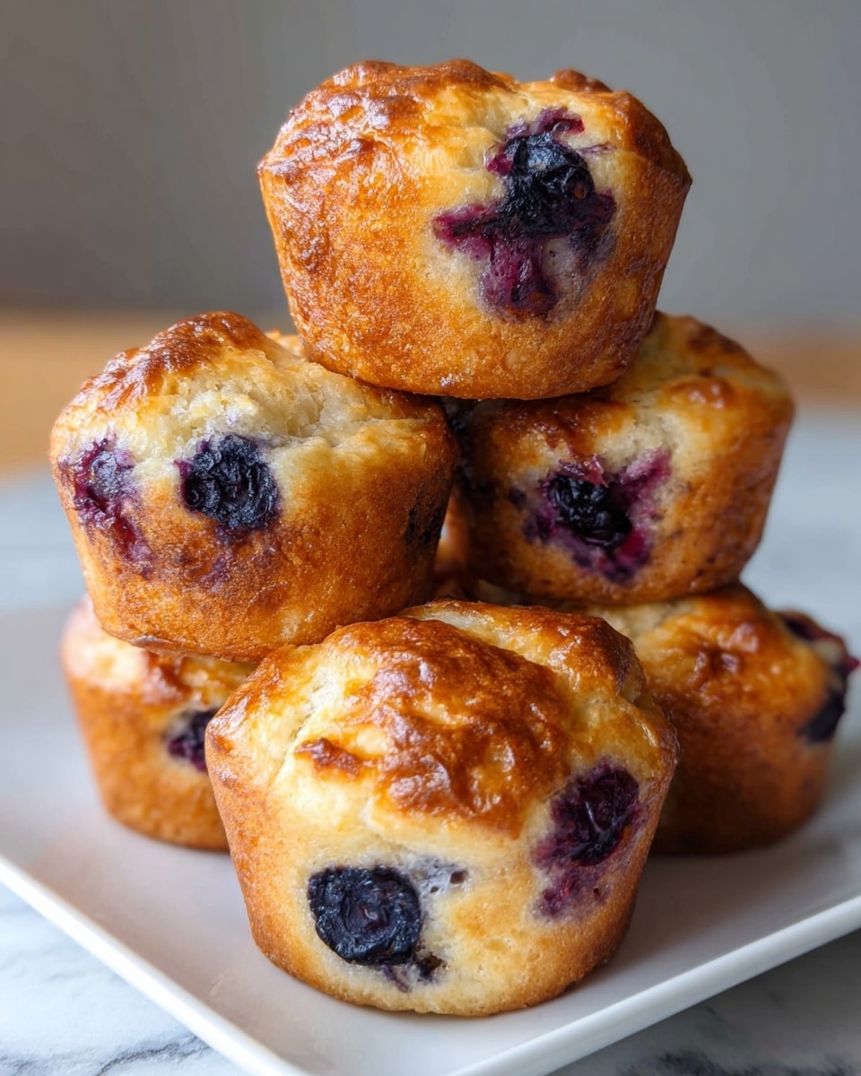 A close-up of a group of five golden-brown muffins stacked on a white square plate, each muffin showing a soft, fluffy texture with visible blueberries baked inside and peeking out with dark purple and blue tones; the muffins have a slightly crispy top with a light caramel color, and the background features a white marbled texture that softly contrasts with the warm colors of the muffins, photo taken with an iphone --ar 4:5 --v 7