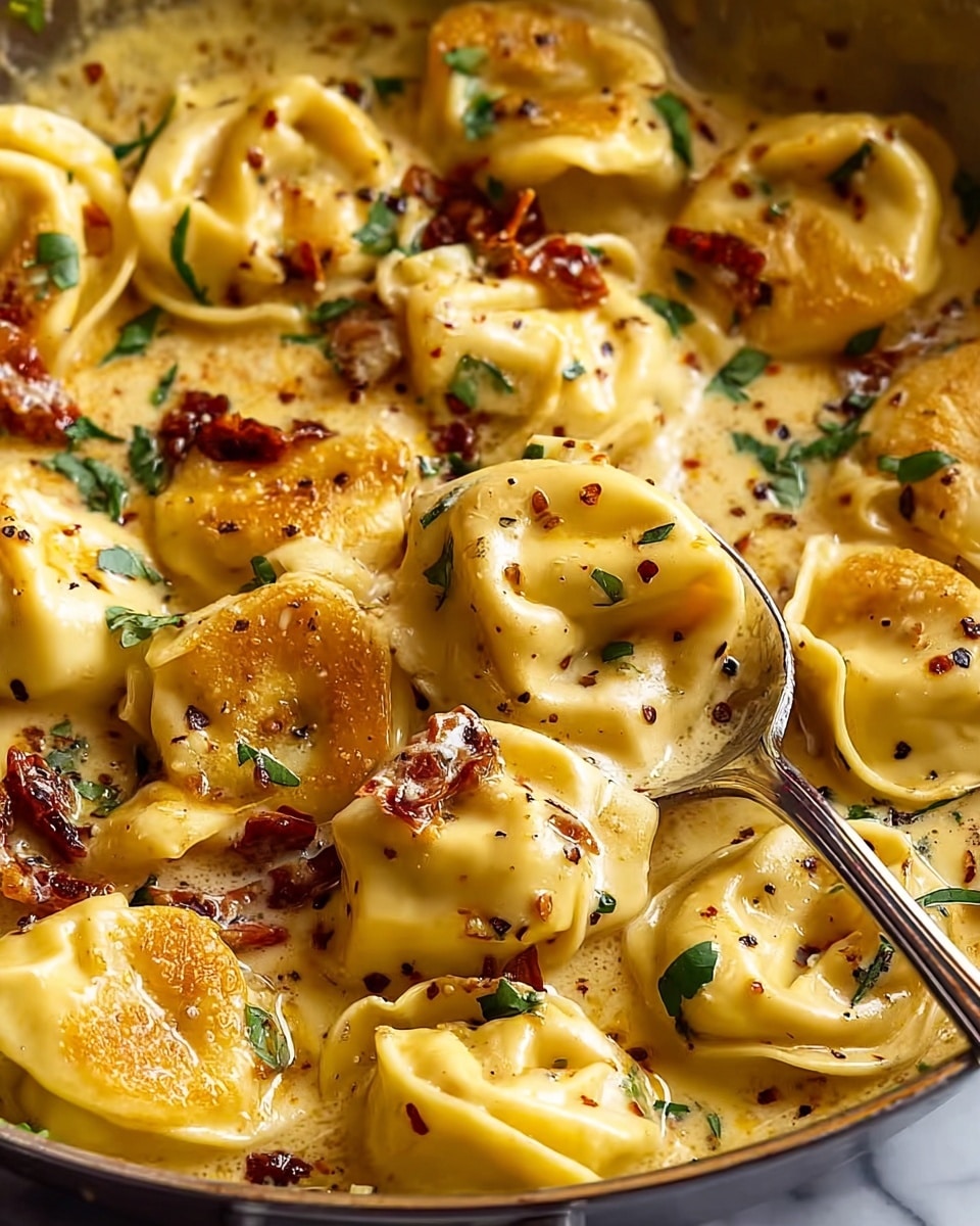 A close-up of a pan filled with three layers of soft, golden brown-seared tortellini pasta, each piece showing a smooth, creamy yellow color with slight pan-fried marks on top; they sit in a rich, light yellow cream sauce with specks of black pepper and small bits of red sun-dried tomatoes throughout. Fresh green parsley pieces are sprinkled over the dish, enhancing the color contrast. A silver spoon is scooping some pasta on the right side, creating a sense of depth. The background is a white marbled texture. photo taken with an iphone --ar 4:5 --v 7
