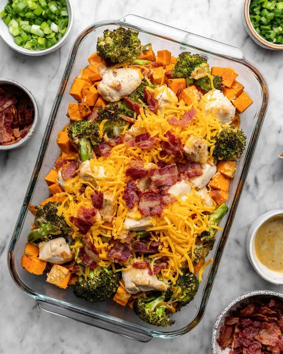 The dish is shown in a clear glass rectangular baking dish on a white marbled surface. The bottom layer consists of bright orange roasted sweet potato cubes. On top of that, there are green broccoli florets that look roasted with slight charring. Scattered among the vegetables are chunks of cooked white chicken breast. Over the chicken and vegetables, shredded yellow cheddar cheese is sprinkled generously. Pieces of crispy reddish-brown bacon are spread across the top as the final layer. Surrounding the baking dish, there are small bowls with extras like fresh green chopped scallions, extra bacon pieces, and sauces. Photo taken with an iphone --ar 4:5 --v 7