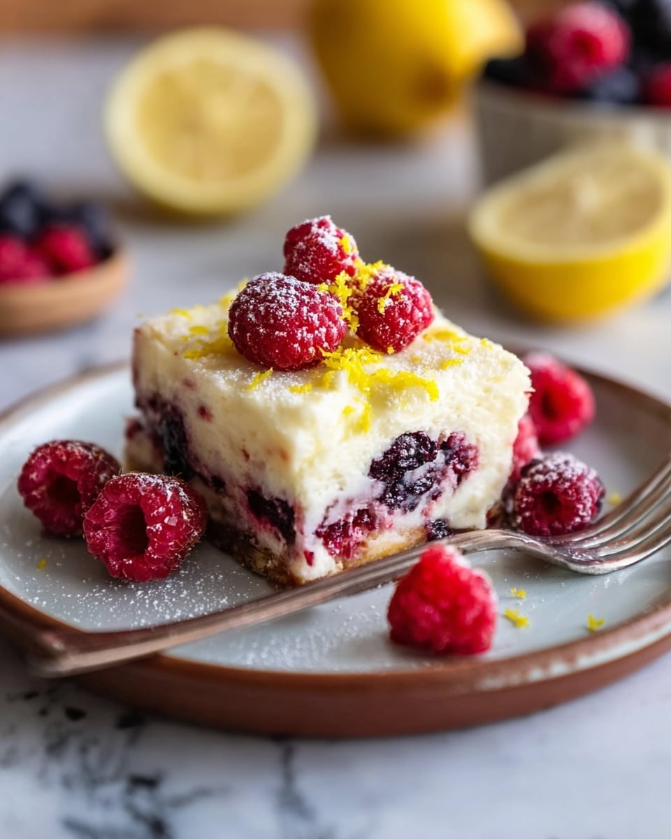A square piece of berry cheesecake sits on a white plate with a brown rim, topped with fresh red raspberries and sprinkled with bright yellow lemon zest and powdered sugar. The cheesecake shows three layers: a creamy white top layer, a middle layer mixed with dark red and purple berries, and a slightly darker, firmer base. More raspberries are scattered on the plate beside the cheesecake, and a fork rests next to it. The background is softly blurred with lemon halves and mixed berries visible. The surface under the plate has a white marbled texture. Photo taken with an iphone --ar 4:5 --v 7