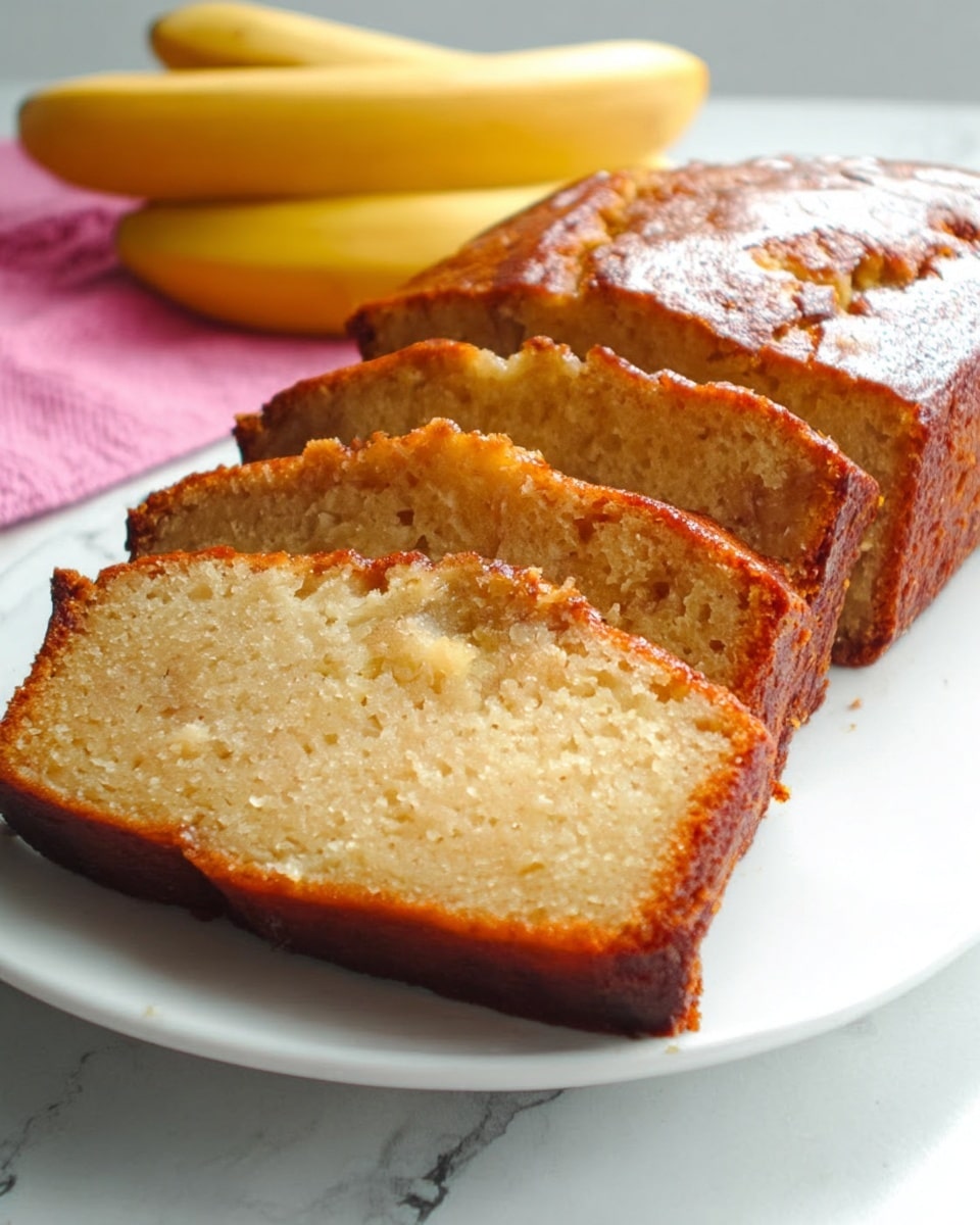 A loaf of banana bread is shown on a long white plate, partially sliced with four pieces lying beside the unsliced part. The bread has a golden brown, shiny crust with a moist, yellowish interior dotted with small banana bits. The plate sits on a pink and white striped cloth, on a white marbled surface. In the top right corner, there is a basket with ripe yellow bananas with some brown spots. Photo taken with an iphone --ar 4:5 --v 7