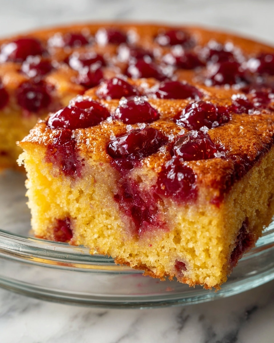 The image shows a close-up view of a single-layer square cake filled and topped with shiny, dark red cherries. The cake layer is golden brown with a light, moist texture, and the cherries are embedded deeply into the surface and scattered throughout the interior. The edges of the cake have a slightly darker, crispier crust. The cake is in a clear glass round dish, resting on a white marbled surface. Photo taken with an iphone --ar 4:5 --v 7