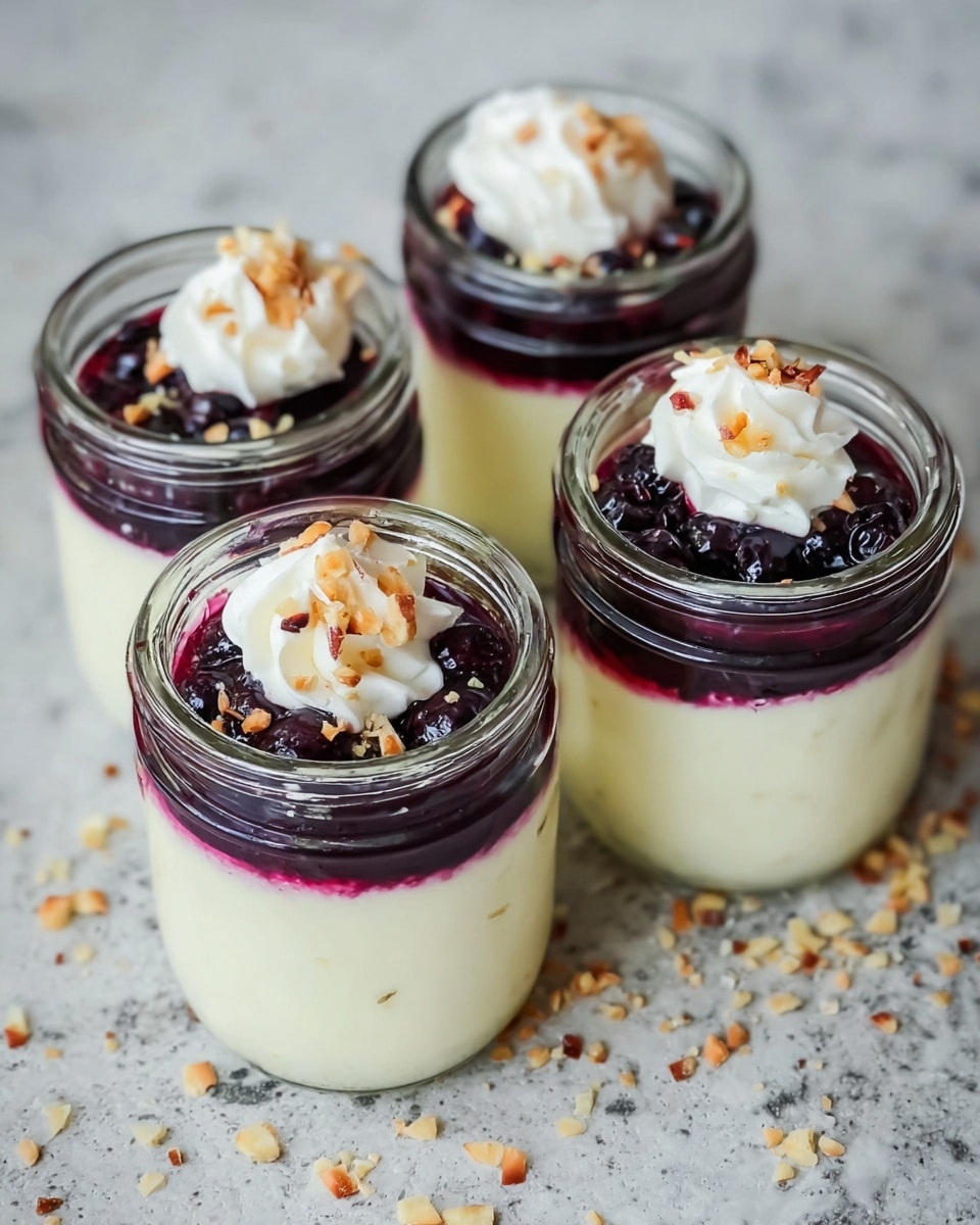 Four small glass jars are filled with a three-layer dessert. The bottom layer is smooth and creamy white, filling most of each jar. The middle layer is a thin, deep purple berry sauce that sits just above the creamy white base. The top layer has dark blueberries mixed into the berry sauce and is finished with a small dollop of white whipped cream and tiny bits of crushed nuts sprinkled on top. The jars are placed close together on a white marbled surface, with some crushed nuts scattered around them. photo taken with an iphone --ar 4:5 --v 7