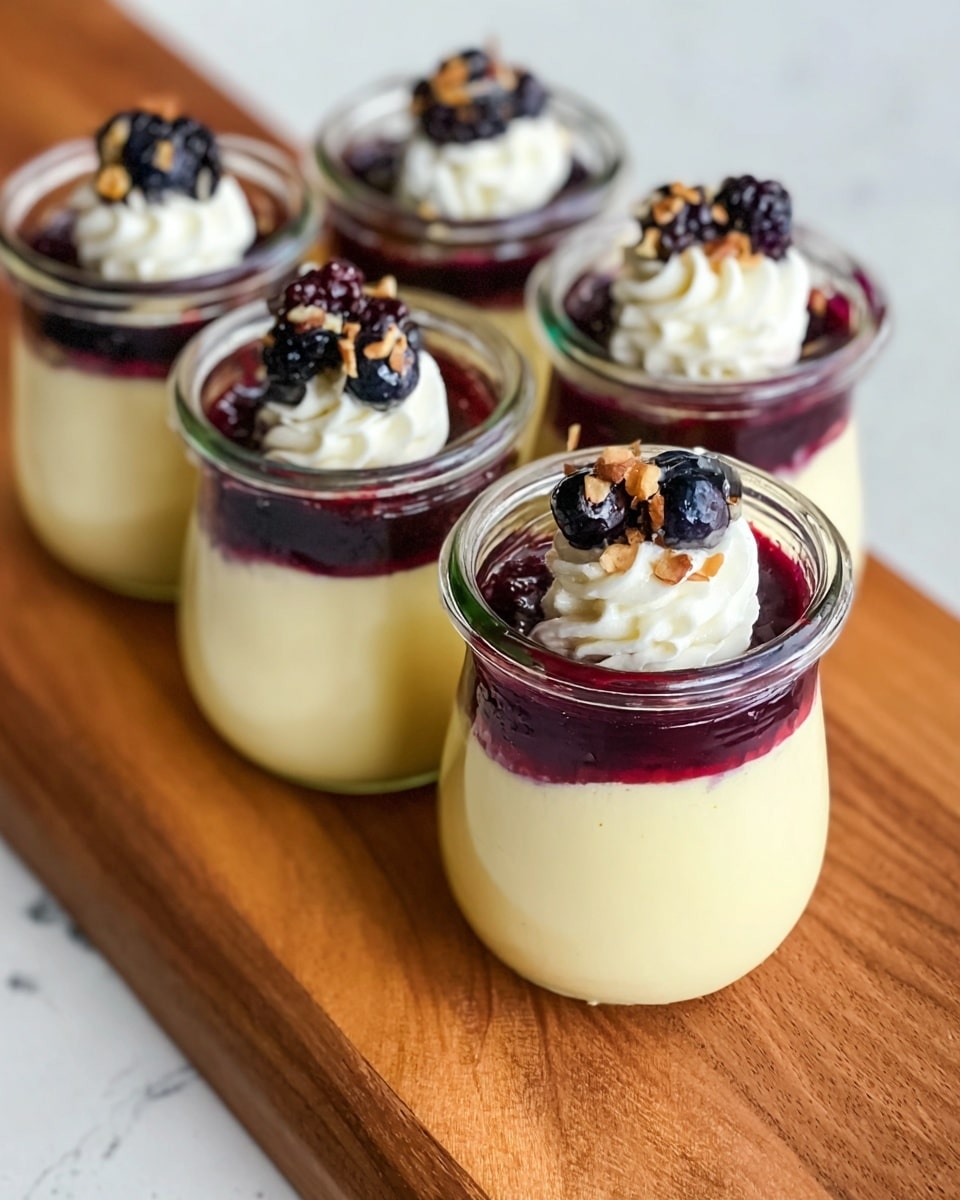 There are four small glass jars lined up on a wooden board, each filled with three visible layers. The bottom layer is a creamy pale yellow pudding, smooth and thick, filling most of the jar. On top of that is a deep purple-red fruit sauce layer, glossy and slightly thick, sitting just below the jar rim. The jars are topped with a small swirl of white whipped cream and garnished with dark blueberries and blackberries, along with a few small crunchy nut pieces sprinkled on the cream. The close-up photo is taken on a white marbled surface, highlighting the colors and textures of the dessert. photo taken with an iphone --ar 4:5 --v 7