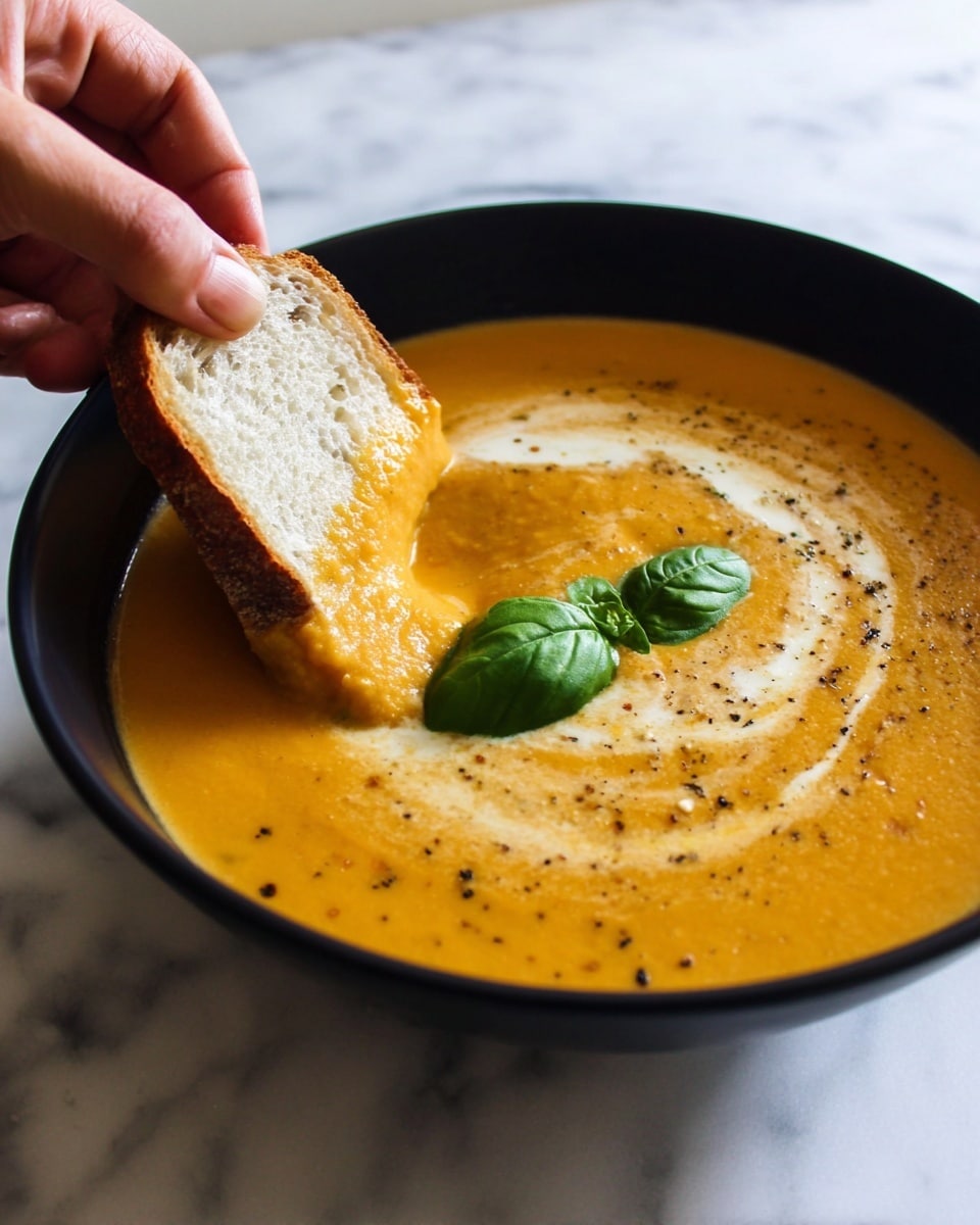 A close-up view of a black bowl filled with thick, creamy orange soup with a swirl of white cream on top and sprinkled with black pepper. A fresh green basil leaf rests near the center of the soup. A woman's hand dips a piece of white bread partially covered in the soup, held above the bowl. The bowl is set on a white marbled surface. Photo taken with an iphone --ar 4:5 --v 7