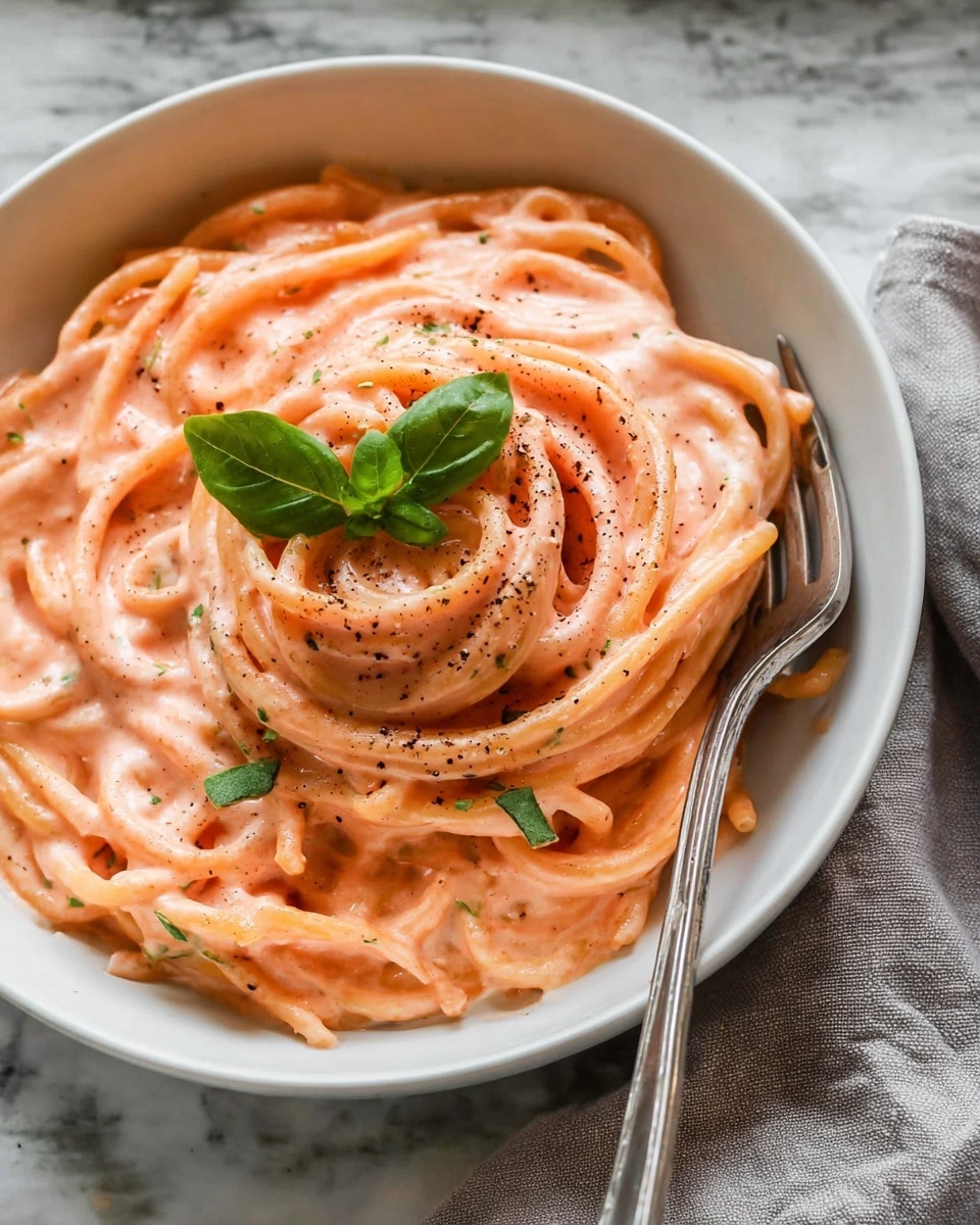 A white bowl filled with thick spaghetti noodles twisted into a nest shape, coated in a smooth, creamy light pink sauce. The sauce covers the pasta evenly, creating a rich texture with small green herb flecks visible. On top, there are a few small fresh green basil leaves and a light sprinkle of ground black pepper. A silver fork rests on the right side of the bowl, partially stuck into the pasta. The bowl sits on a white marbled surface with a subtle soft gray cloth nearby. Photo taken with an iphone --ar 4:5 --v 7
