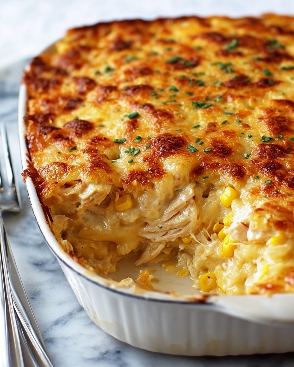 The image shows a baked dish in a white baking dish with a dark blue rim, filled with layers of tender white chicken pieces mixed with creamy sauce and small bits of yellow corn. On top, there is a thick layer of melted cheese that is golden brown with some small bubbly spots, sprinkled lightly with green herbs. A scoop has been taken out from the front side, revealing the soft, juicy chicken chunks and creamy sauce inside. The baking dish rests on a floral-patterned cloth, placed on a surface with a white marbled texture. Photo taken with an iphone --ar 4:5 --v 7