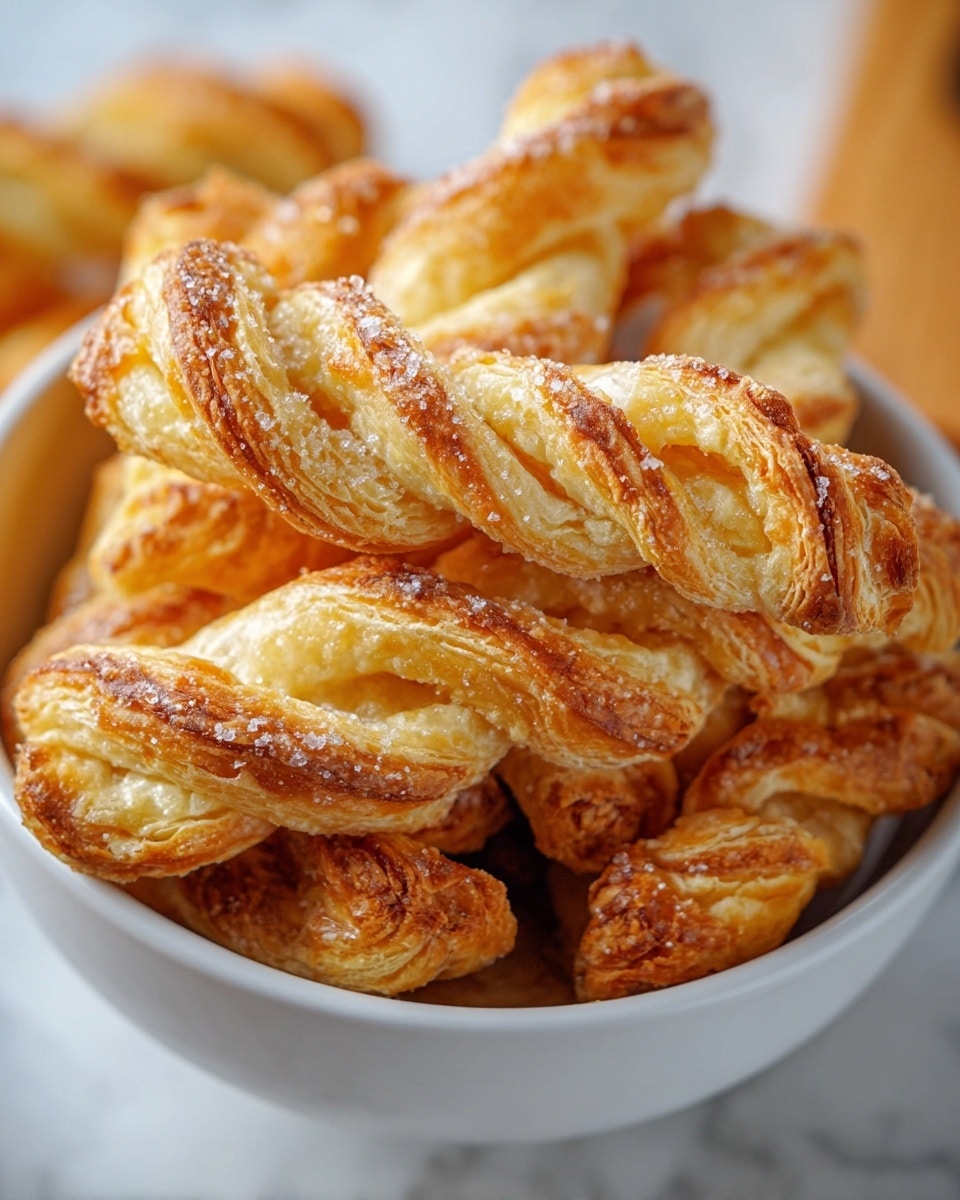 A close-up view of several golden-brown twisted puff pastries stacked messily inside a white bowl, each twist showing many flaky layers with a slightly shiny, crisp surface sprinkled lightly with sugar crystals. The background is a soft white marbled texture, and the pastries appear warm and flaky with some darker browned spots enhancing their texture. Photo taken with an iphone --ar 4:5 --v 7