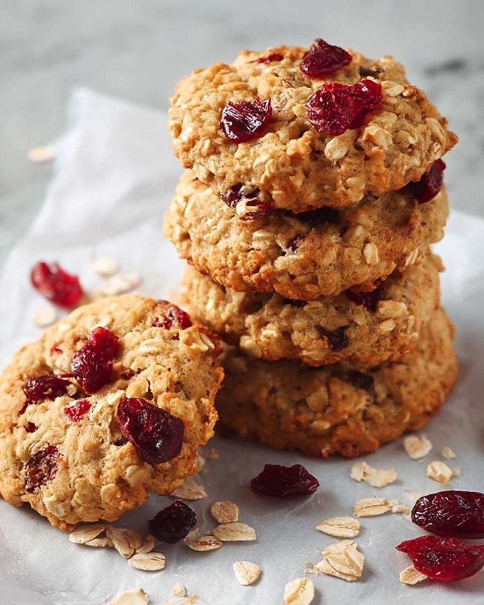The image shows a stack of four oatmeal cookies with visible oats and pieces of red cranberry on top and throughout, placed on a sheet of white parchment paper that rests on a white marbled surface. Next to the stack, there is one cookie lying flat, showing its rough, grainy texture and scattered cranberries on the surface. Some loose oats and cranberry pieces are scattered around the cookies on the parchment paper, adding a rustic and homemade feel. The colors are warm golden brown for the cookies with bright red cranberry pieces contrasting against the oats and cookie dough. photo taken with an iphone --ar 4:5 --v 7