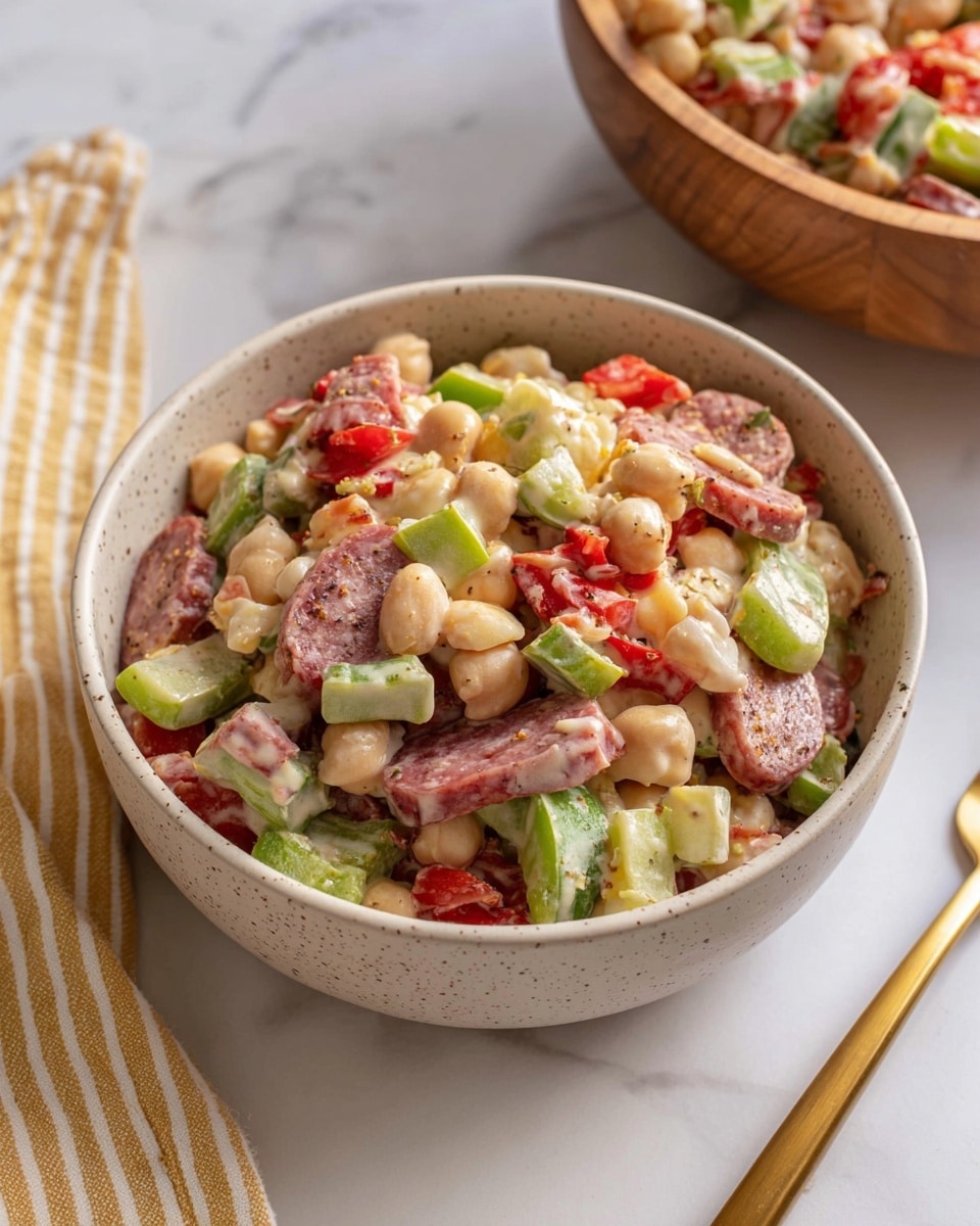 A wooden bowl filled with a colorful mixed bean salad, showing many layers of ingredients including light beige chickpeas and white beans, chopped green bell peppers, bright red cherry tomato halves, diced red onions, small cubes of pale yellow cheese, and pieces of pinkish-red salami, all coated in a creamy dressing with a slightly glossy texture; a black spoon rests inside the bowl on a white marbled surface with a yellow and white checkered cloth nearby. photo taken with an iphone --ar 4:5 --v 7