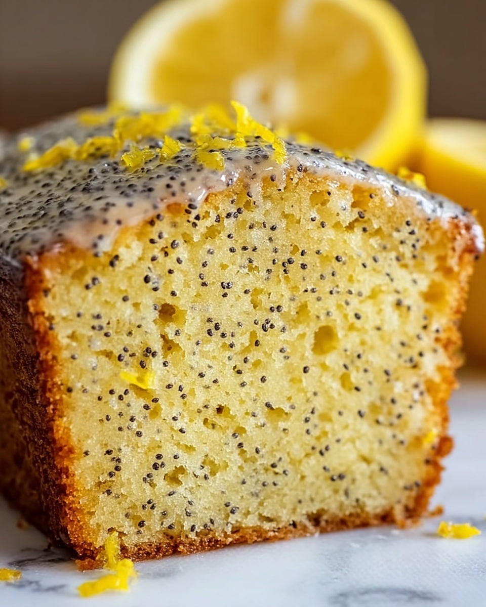 A close-up view of a single slice of lemon poppy seed cake, showing one thick layer with a porous, light yellow crumb base speckled generously with small black poppy seeds throughout. The top has a thin, shiny glaze with small bits of lemon zest scattered on it, adding a bright yellow texture. The bottom edge of the slice is a slightly darker golden brown crust. Behind the cake is a blurred lemon half adding a fresh, vibrant yellow background contrast. The whole scene is set on a white marbled texture. photo taken with an iphone --ar 4:5 --v 7