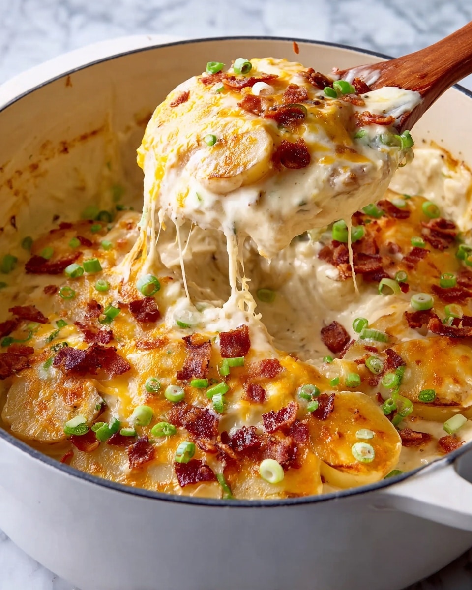 The dish is shown in a white oval serving bowl filled with two main layers. The bottom layer is creamy white, smooth and thick, while the top layer features soft, round pieces covered with melted bright orange cheese. Scattered over the cheese are small brown crispy bacon bits and fresh chopped green onions adding color contrast. The bowl sits on a white marbled surface, with a silver spoon on the right side nearby and a glimpse of a white plate with an orange rim in the top right corner. Photo taken with an iphone --ar 4:5 --v 7